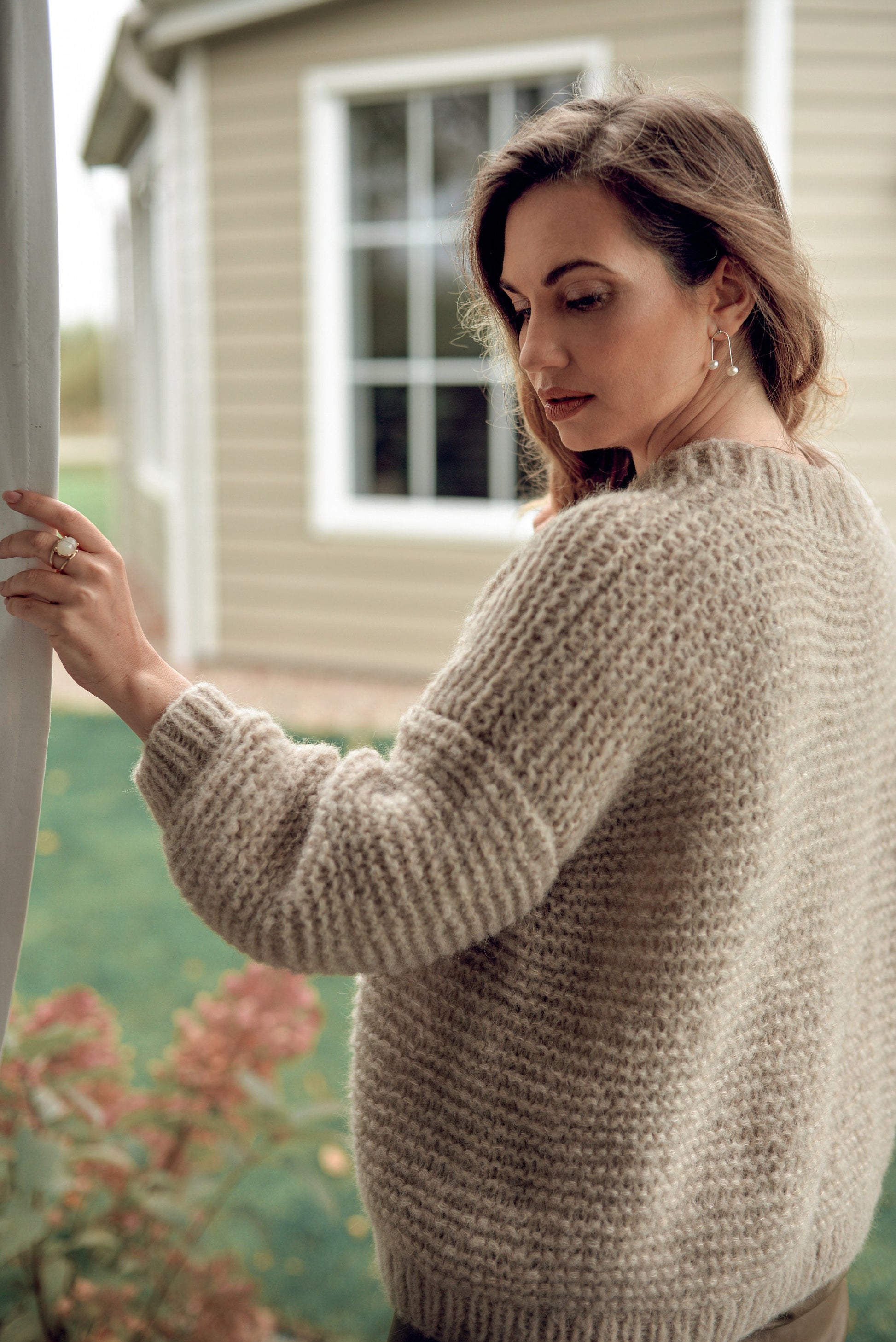 Beige alpaca wool cable knit cardigan with buttons, chunky knitted oversized sweater with balloon sleeves, jacket for women