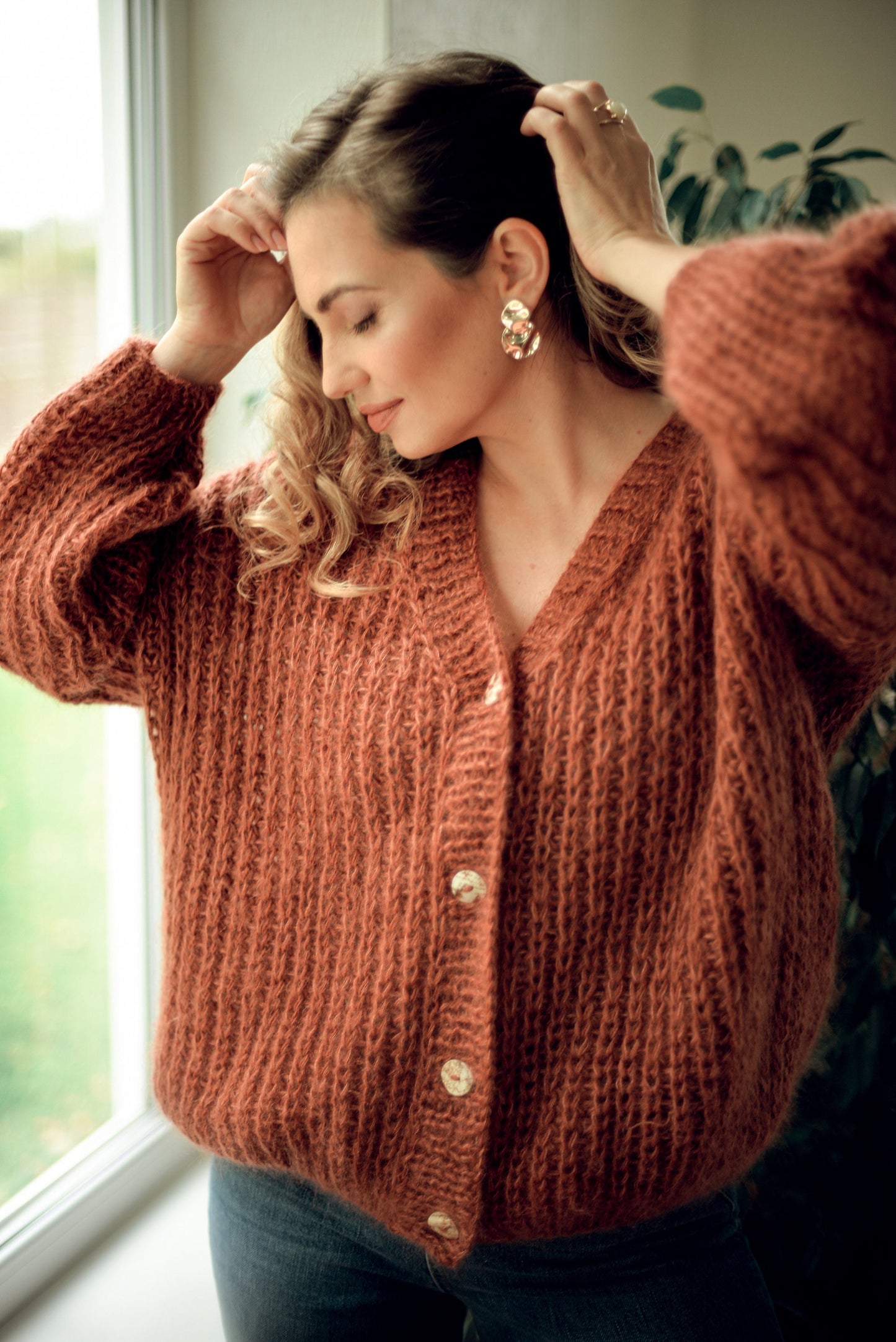 Rust cable knit mohair cardigan, orange fluffy alpaca blend sweater, ginger chunky knitted fuzzy jacket, oversized cardigan with buttons