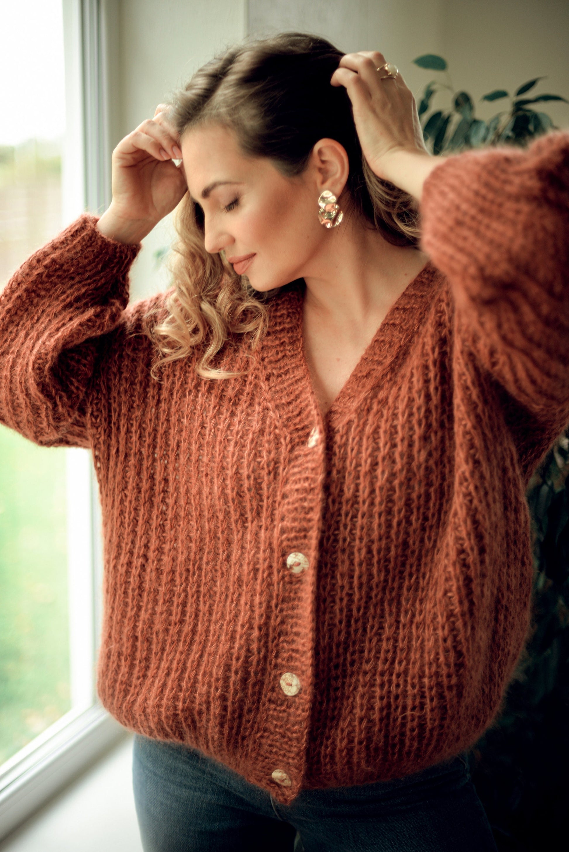 Rust cable knit mohair cardigan, orange fluffy alpaca blend sweater, ginger chunky knitted fuzzy jacket, oversized cardigan with buttons