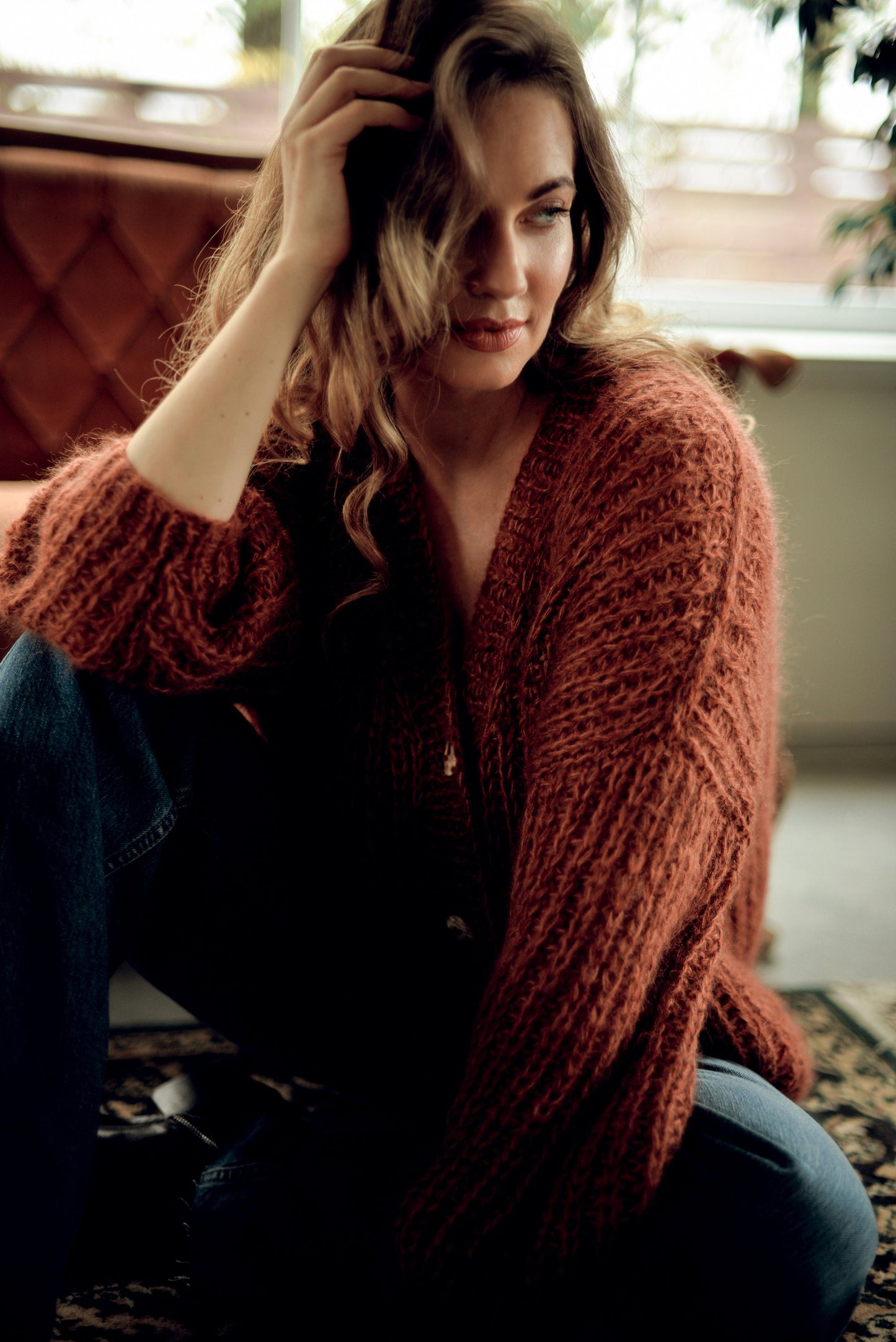 Rust cable knit mohair cardigan, orange fluffy alpaca blend sweater, ginger chunky knitted fuzzy jacket, oversized cardigan with buttons