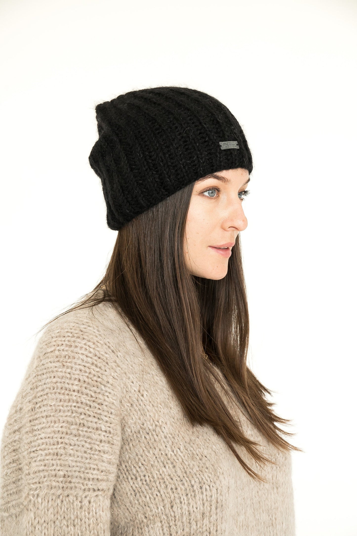 Black wool hat, cable knit hat, slouchy beanie, womens alpaca hat, winter hat, gift for her, ready to ship, gift for women, christmas gift