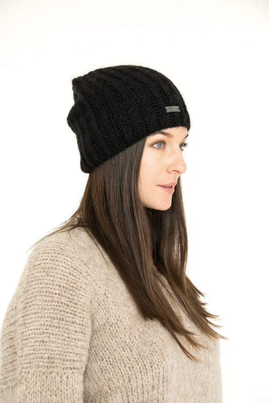 Black wool hat, cable knit hat, slouchy beanie, womens alpaca hat, winter hat, gift for her, ready to ship, gift for women, christmas gift