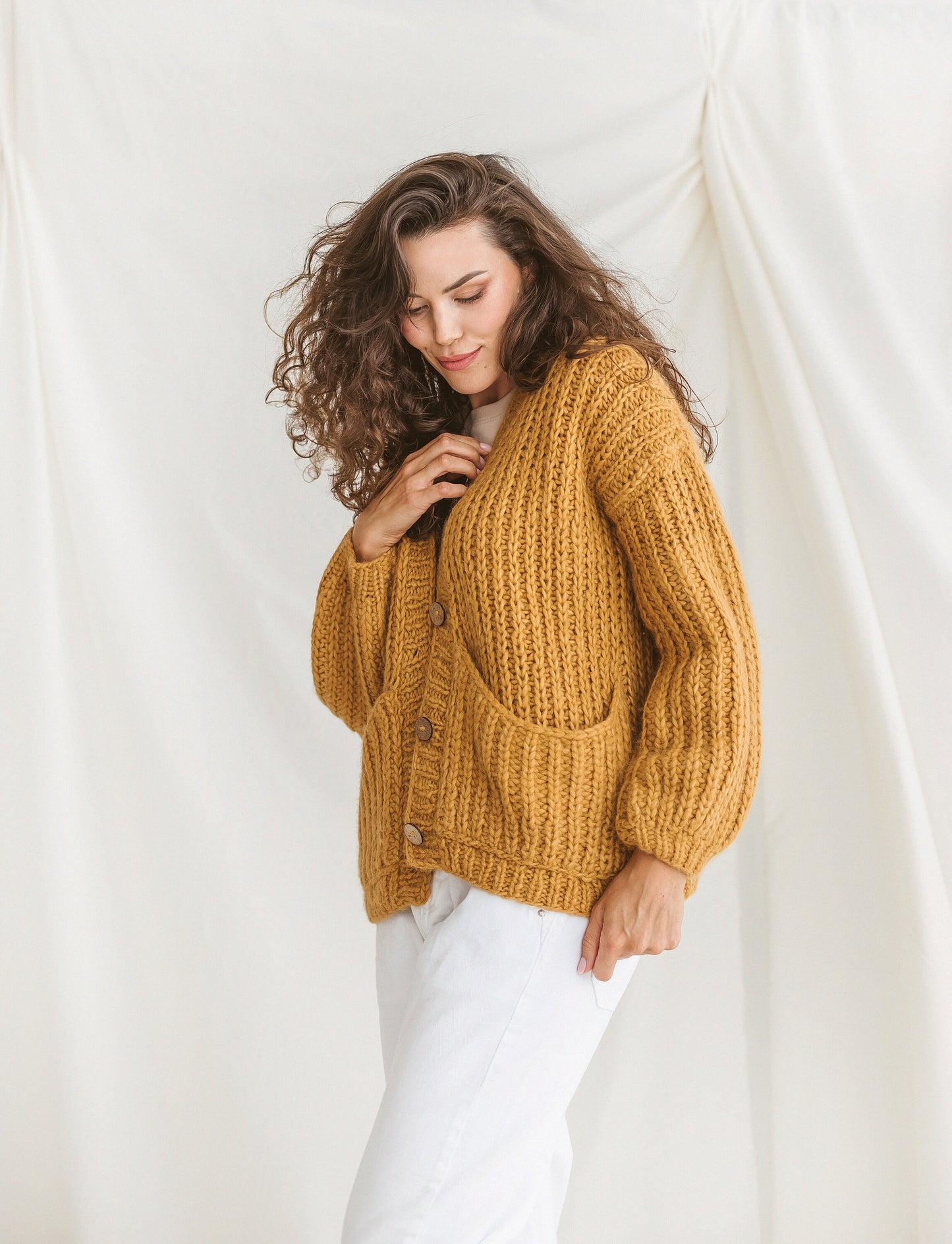 Yellow Cardigan With Deep Pockets, Soft Mustard Cable Knit Cardigan, Fishermans Rib Knit Sweater, Curry Alpaca Cardigan, Chunky Cardigan