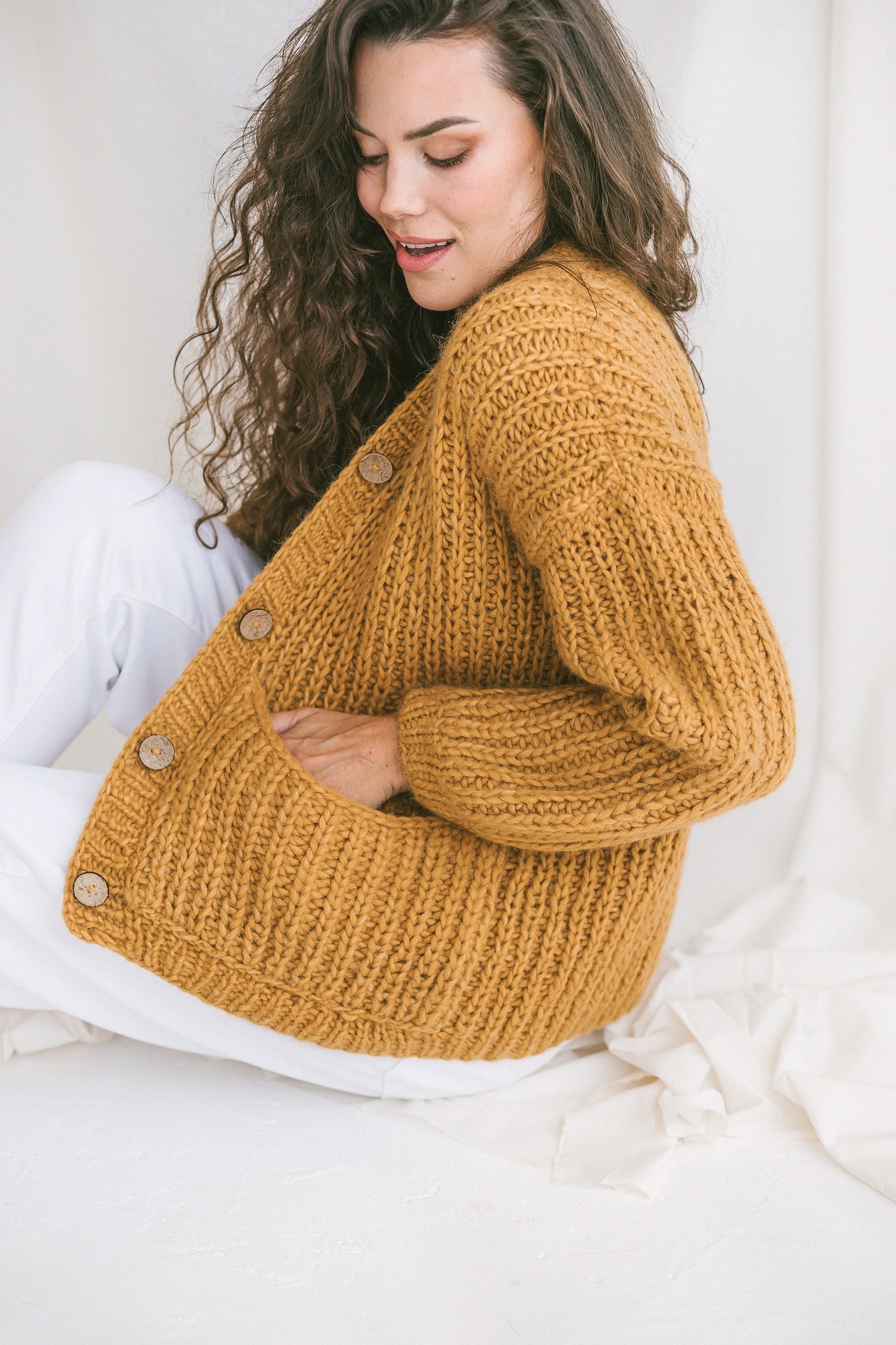 Yellow Cardigan With Deep Pockets, Soft Mustard Cable Knit Cardigan, Fishermans Rib Knit Sweater, Curry Alpaca Cardigan, Chunky Cardigan