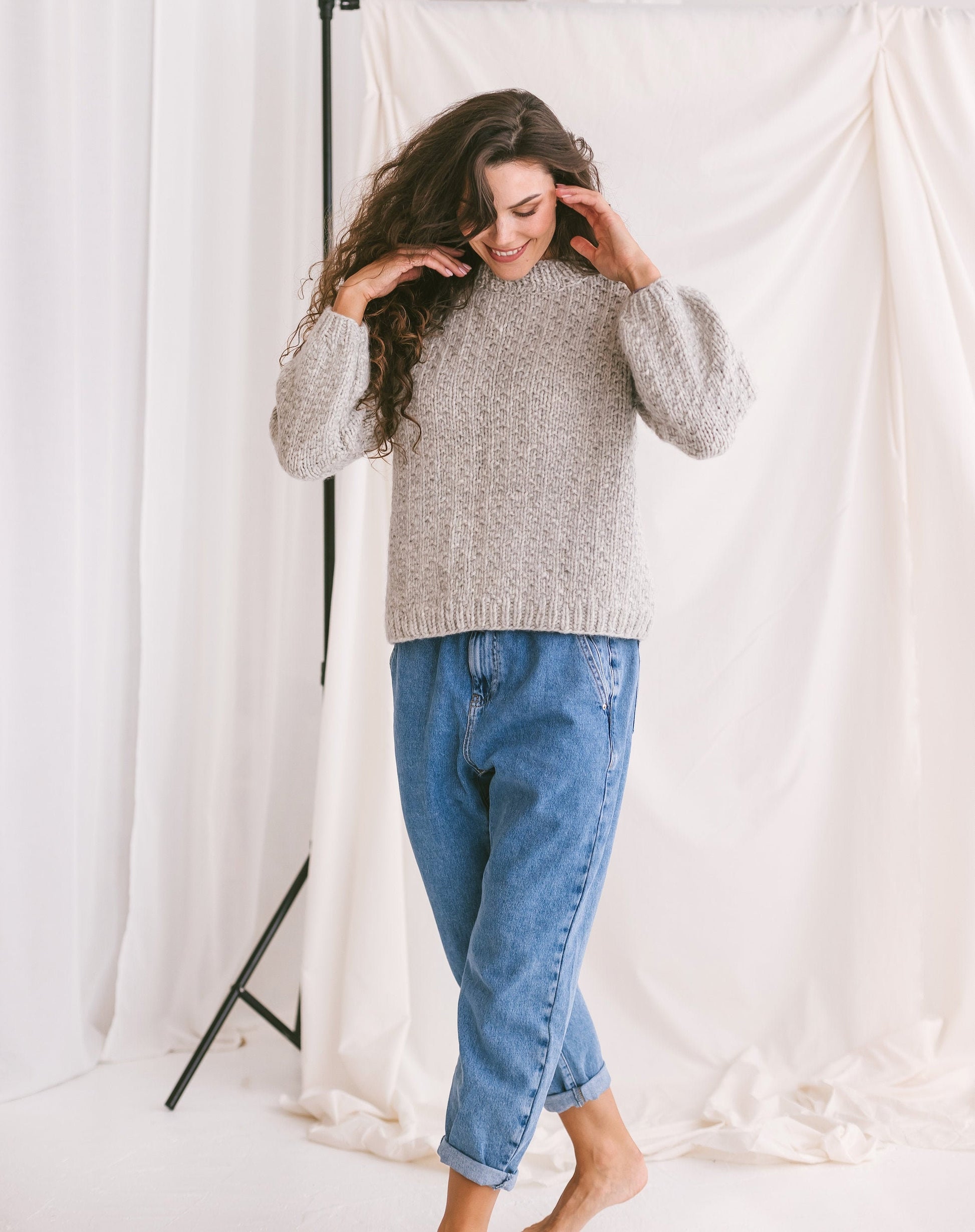 Light Gray Sweater, Soft Cable Knit Jumper, Grey Alpaca Pullover, Chunky Knit Wool Sweater, Balloon Sleeve Pullover In Grey, Knitted Jumper