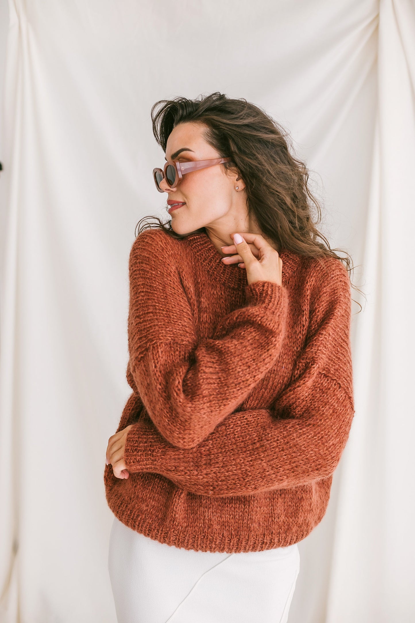 Rust Mohair Sweater, Oversized Cable Knit Woman Pullover, Relaxed Fit Alpaca Jumper, Fluffy Brick Pullover, Chunky Knit Loose Sweater, Boho