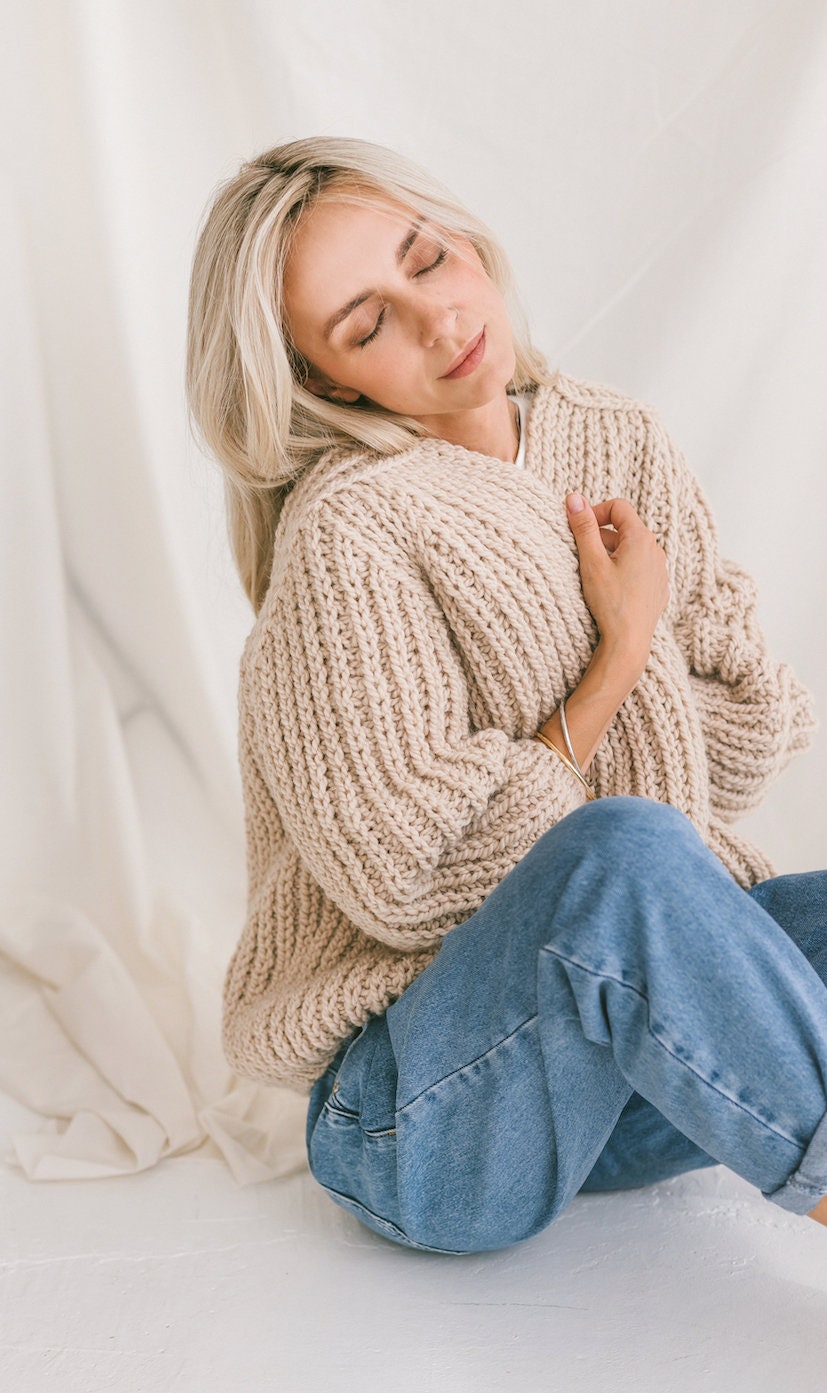 Beige Oversize Alpaca Cardigan, Chunky Fhishermans Rib Cardigan, Cable Knit Women Sweater, Loose Wool Cardigan, Nude Alpaca Knit Bomber,Gift