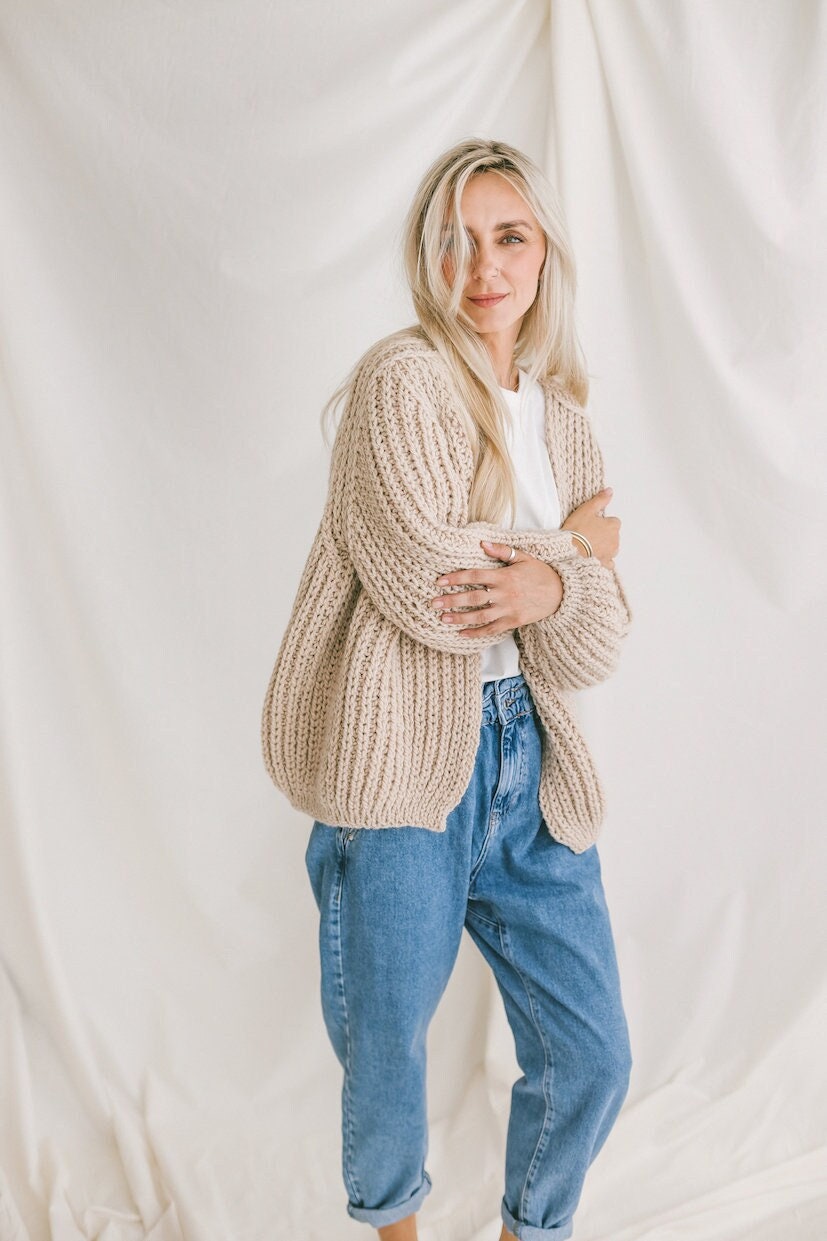 Beige Oversize Alpaca Cardigan, Chunky Fhishermans Rib Cardigan, Cable Knit Women Sweater, Loose Wool Cardigan, Nude Alpaca Knit Bomber,Gift
