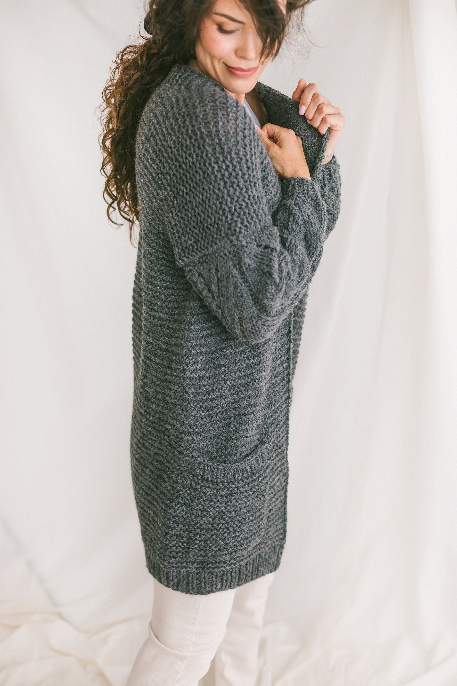 Gray Oversized Alpaca Cardigan, Chunky Knit Cardigan With Pockets, Cable Knit Women Sweater, Loose Wool Cardigan, Oversize Sweater In Grey