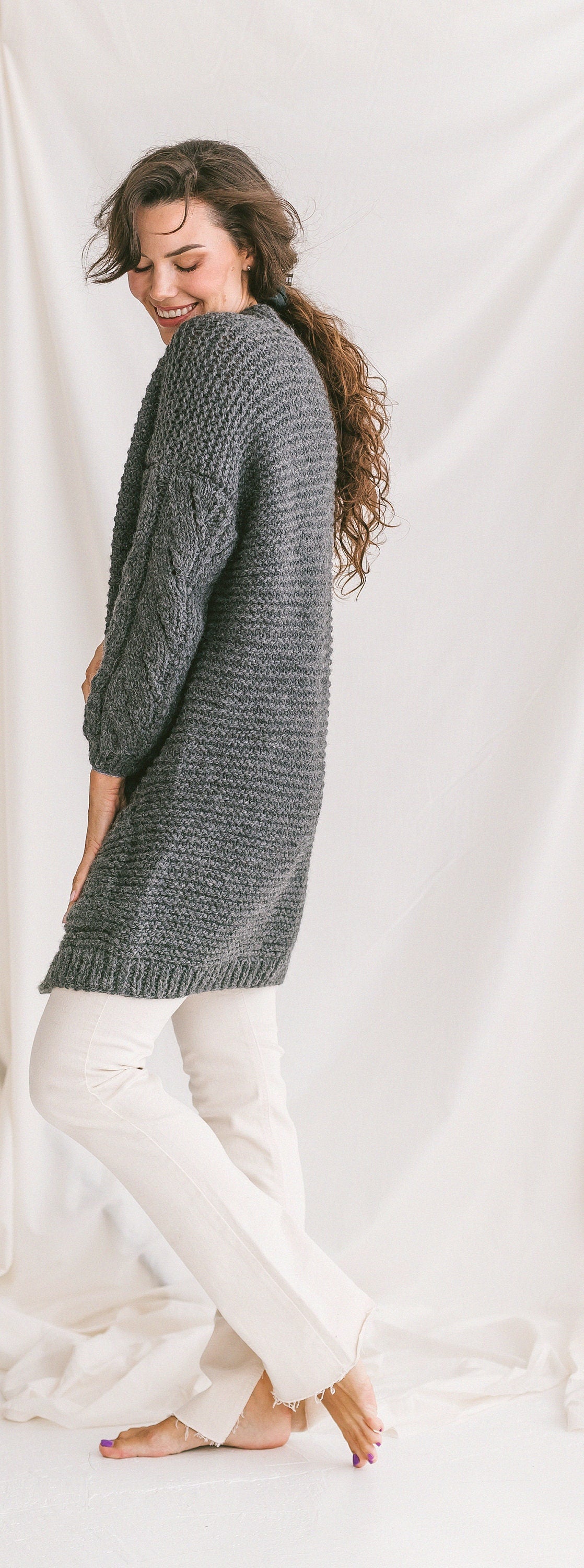 Gray Oversized Alpaca Cardigan, Chunky Knit Cardigan With Pockets, Cable Knit Women Sweater, Loose Wool Cardigan, Oversize Sweater In Grey