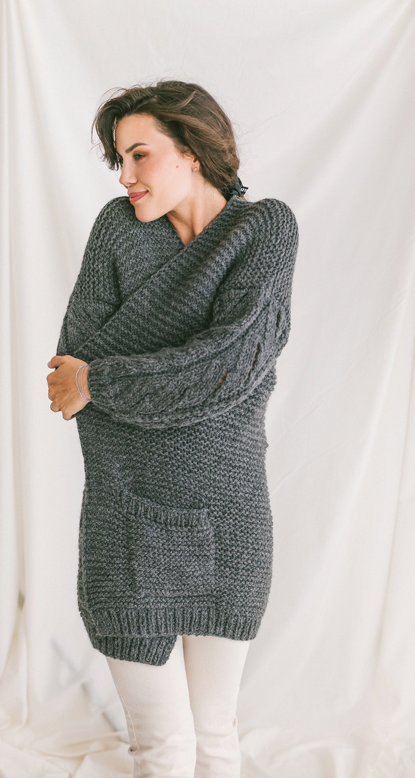 Gray Oversized Alpaca Cardigan, Chunky Knit Cardigan With Pockets, Cable Knit Women Sweater, Loose Wool Cardigan, Oversize Sweater In Grey