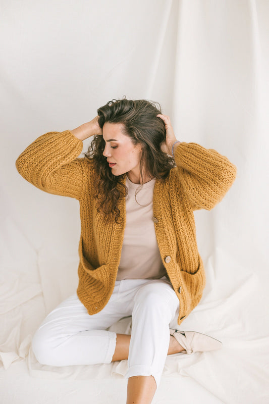 Yellow Cardigan With Deep Pockets, Soft Mustard Cable Knit Cardigan, Fishermans Rib Knit Sweater, Curry Alpaca Cardigan, Chunky Cardigan