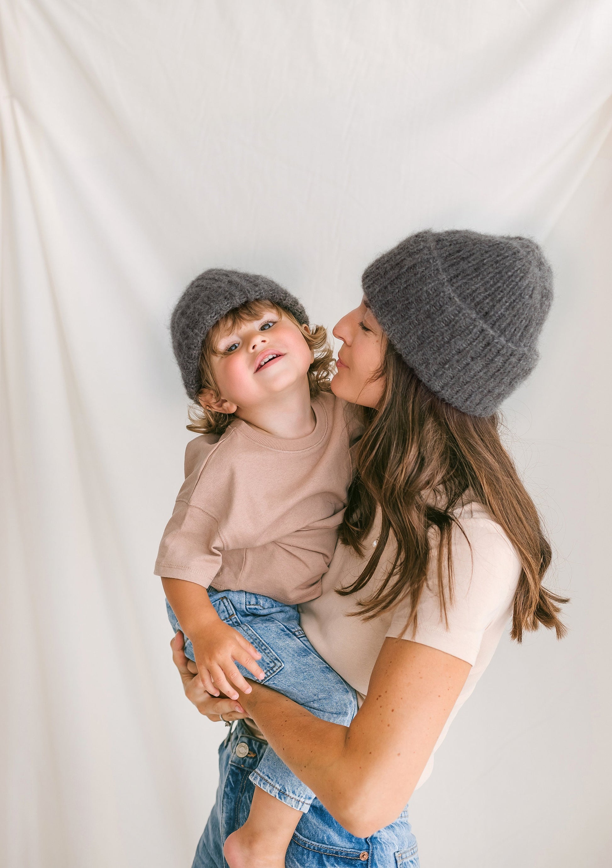 Mommy and me matching knit hats, gray mom and baby twining hats, mini me matching cable knit hats, matching mother and daughter or son hats