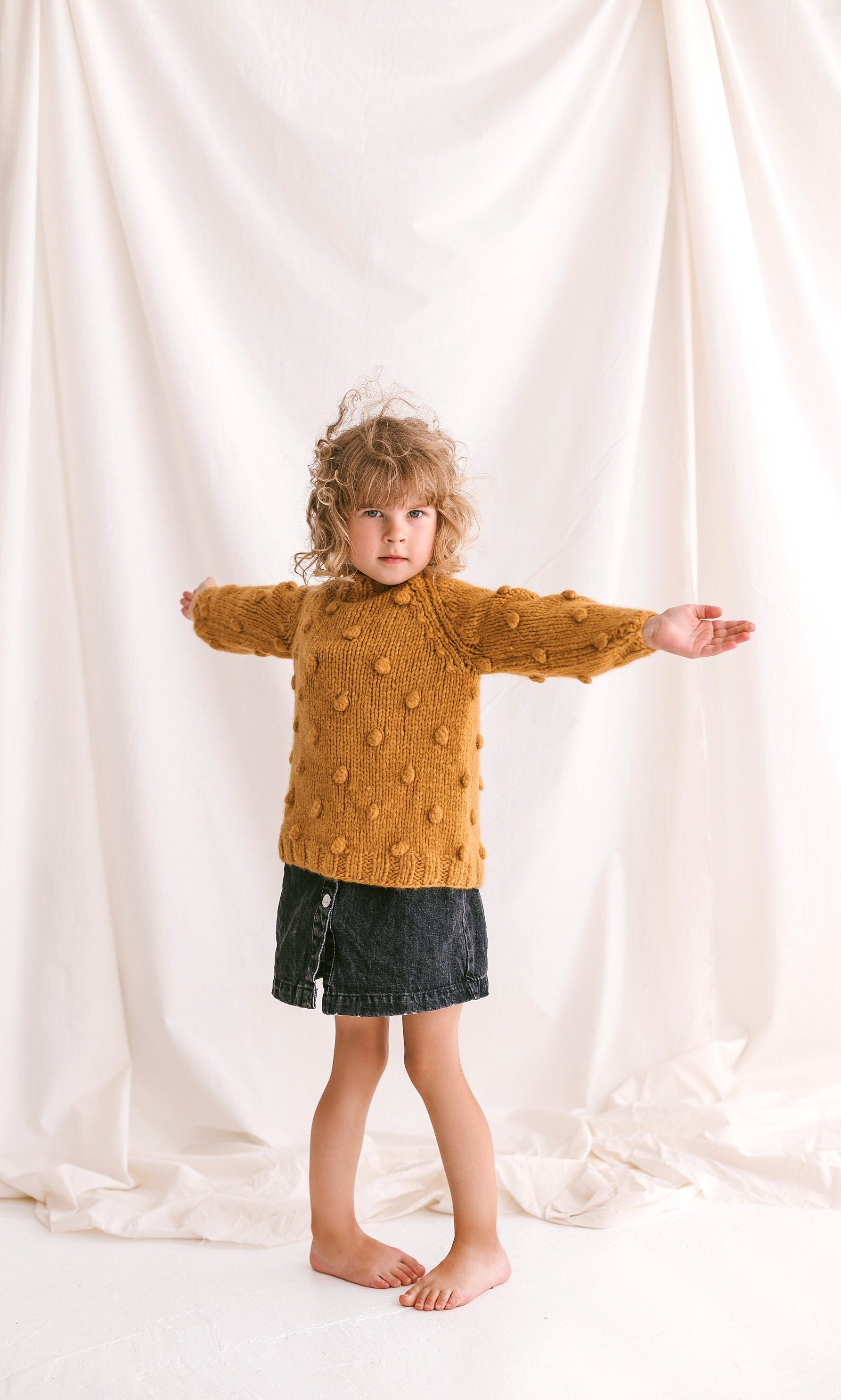 Yellow Cable Knit Kids Popcorn Sweater, Soft Mustard Toddler Pullover, Alpaca Wool Bubbles Jumper, Curry Knitted Baby Sweater, Girls Sweater