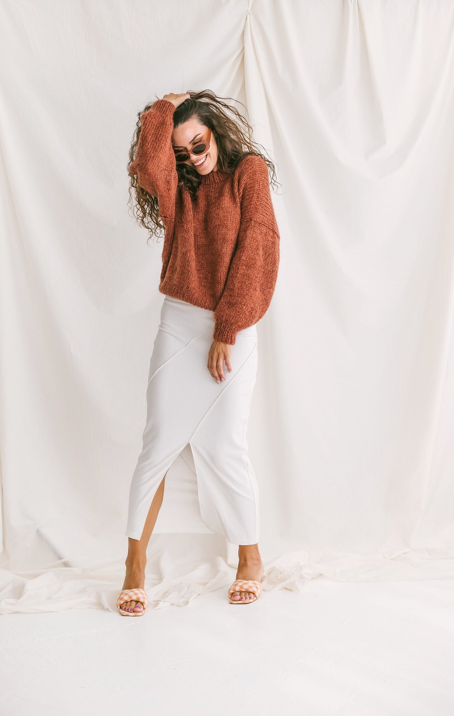 Rust Mohair Sweater, Oversized Cable Knit Woman Pullover, Relaxed Fit Alpaca Jumper, Fluffy Brick Pullover, Chunky Knit Loose Sweater, Boho