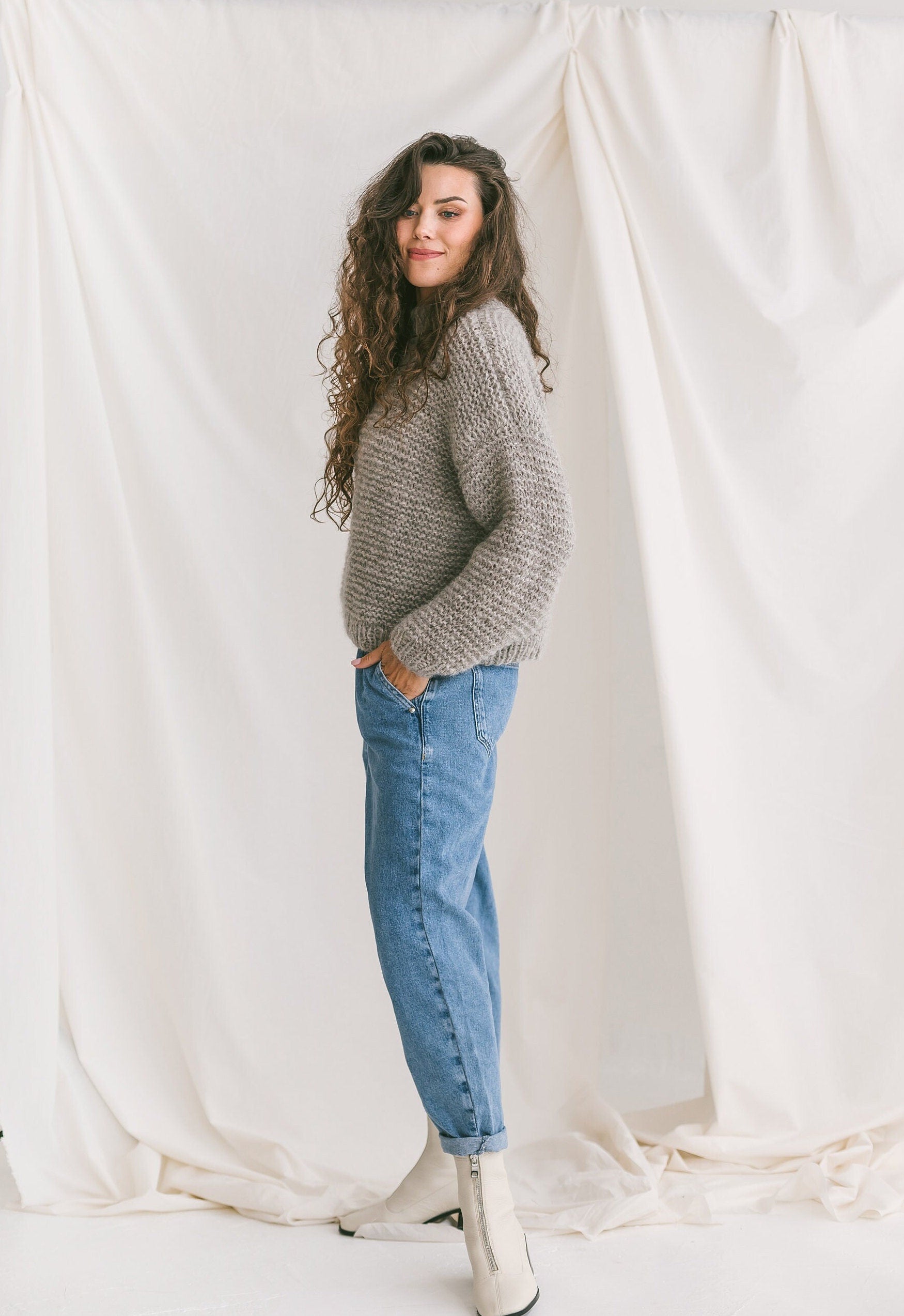 Light Gray Cable Knit Sweater, Relaxed Fit Jumper, Grey Alpaca Pullover, Chunky Knit Wool Sweater, Knitted Jumper, Oversized Woman Sweater