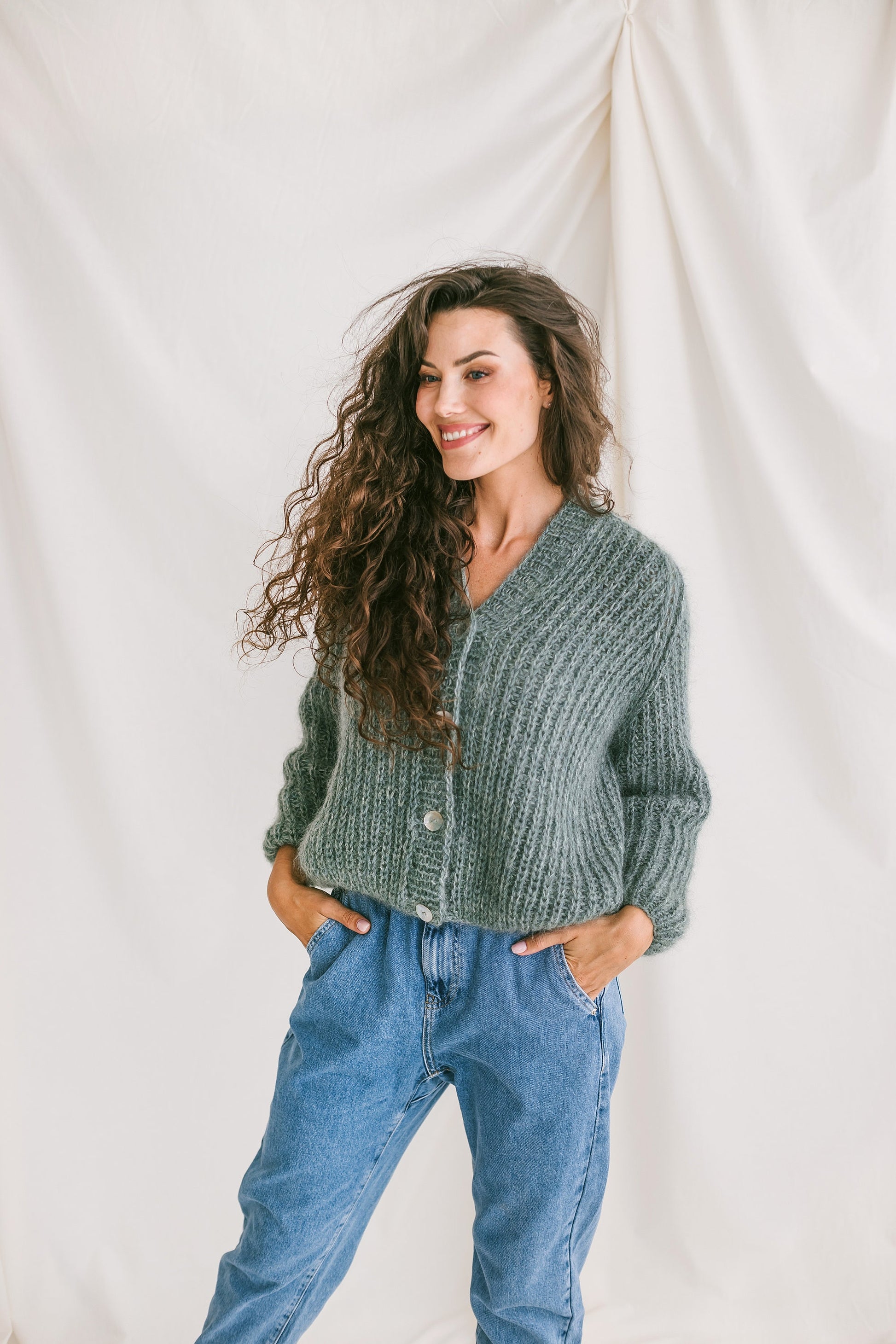 Sage Green Mohair Cardigan With Buttons, Alpaca Wool And Mohair Blend Sweater, Light Fuzzy Oversized Cardigan, Chunky Cable Knit Cardigan