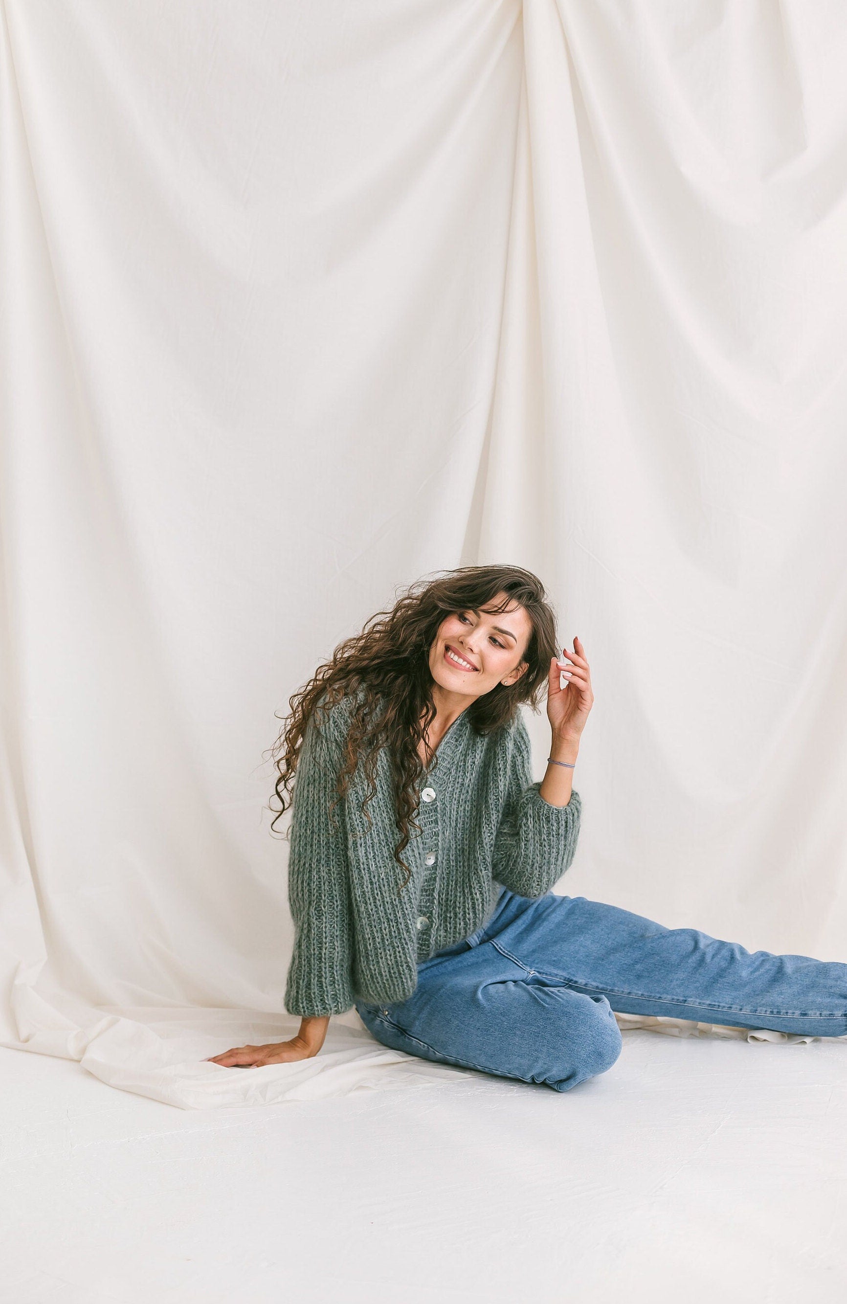 Sage Green Mohair Cardigan With Buttons, Alpaca Wool And Mohair Blend Sweater, Light Fuzzy Oversized Cardigan, Chunky Cable Knit Cardigan