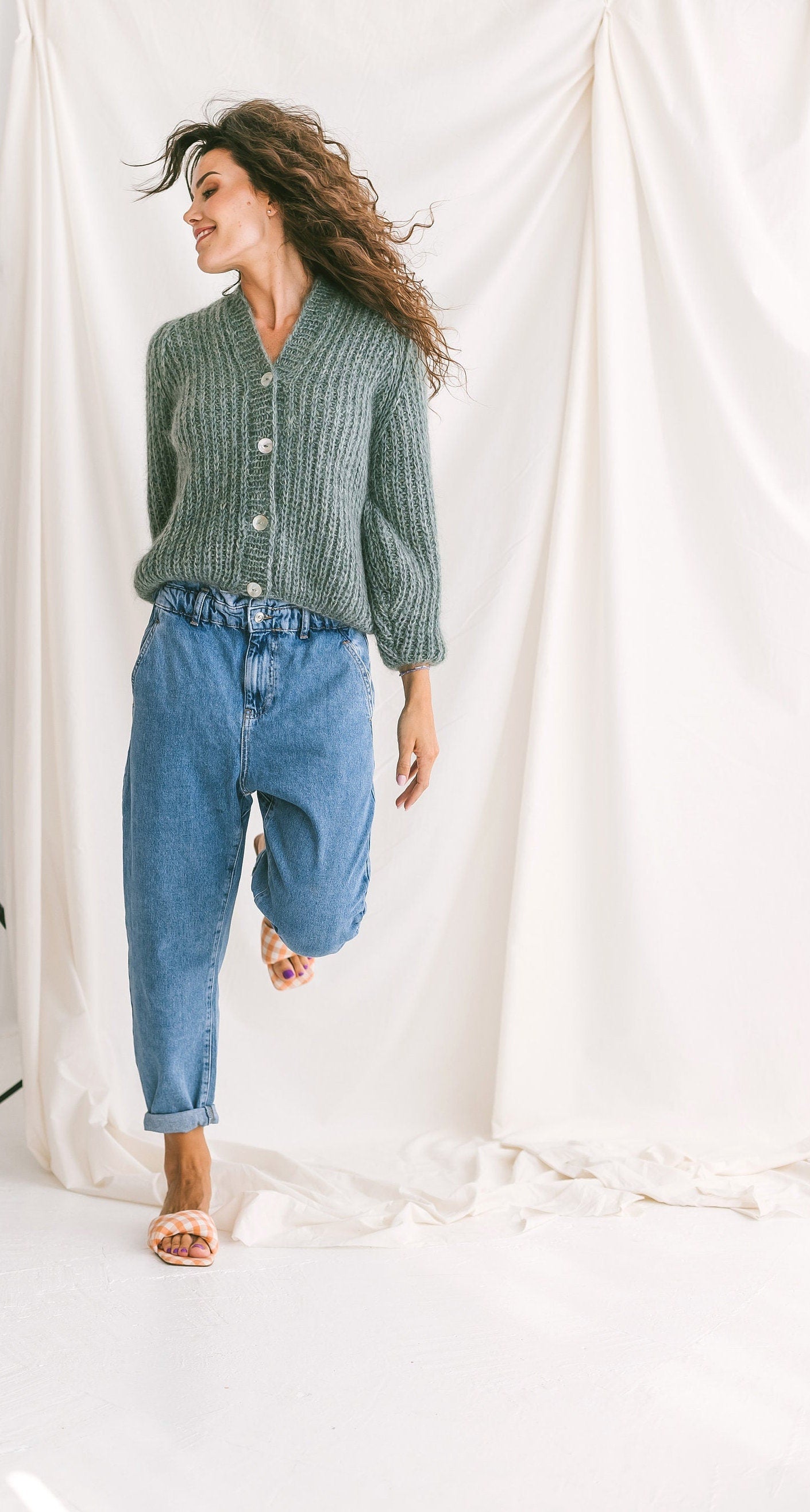 Sage Green Mohair Cardigan With Buttons, Alpaca Wool And Mohair Blend Sweater, Light Fuzzy Oversized Cardigan, Chunky Cable Knit Cardigan