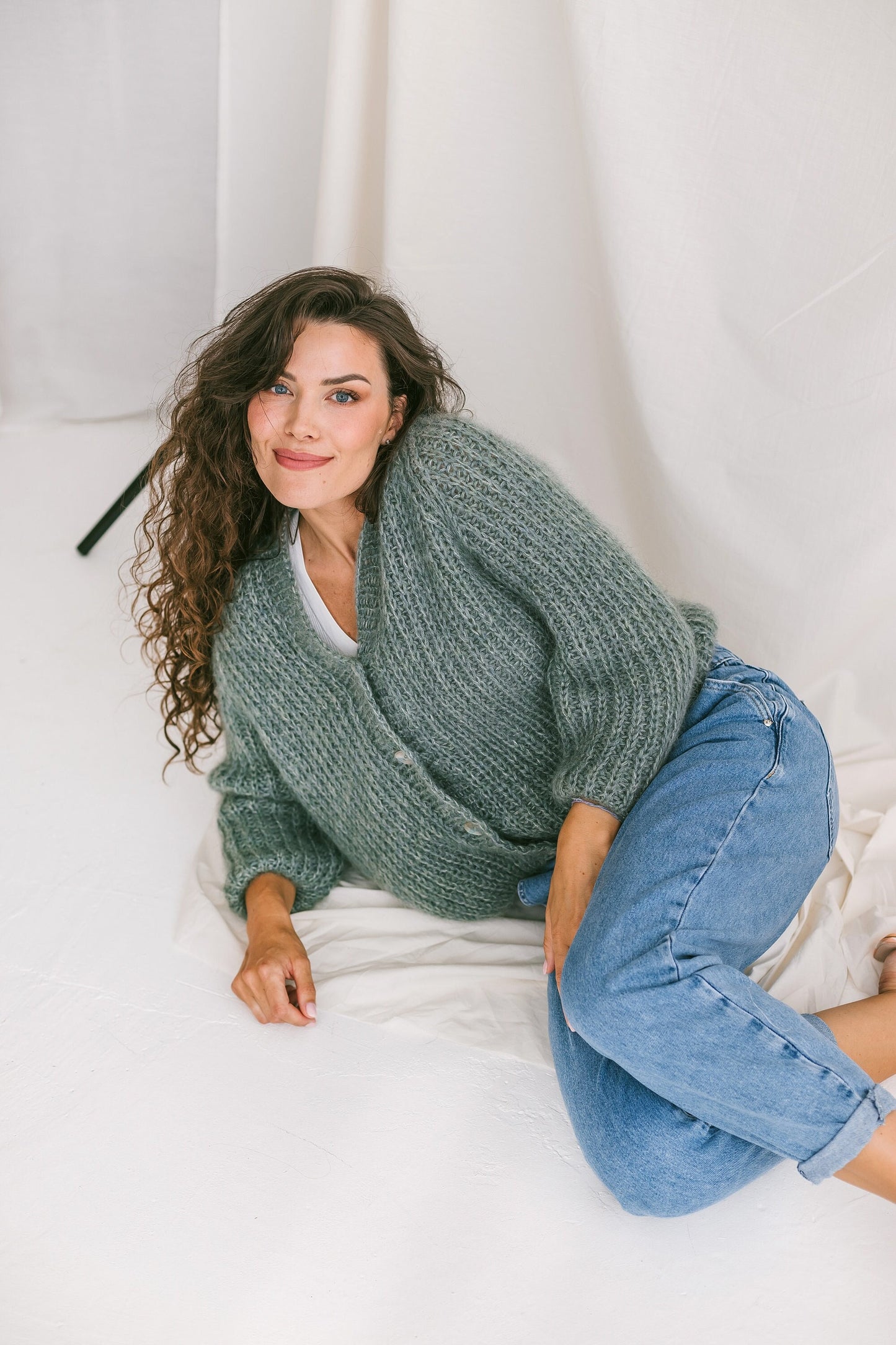 Sage Green Mohair Cardigan With Buttons, Alpaca Wool And Mohair Blend Sweater, Light Fuzzy Oversized Cardigan, Chunky Cable Knit Cardigan