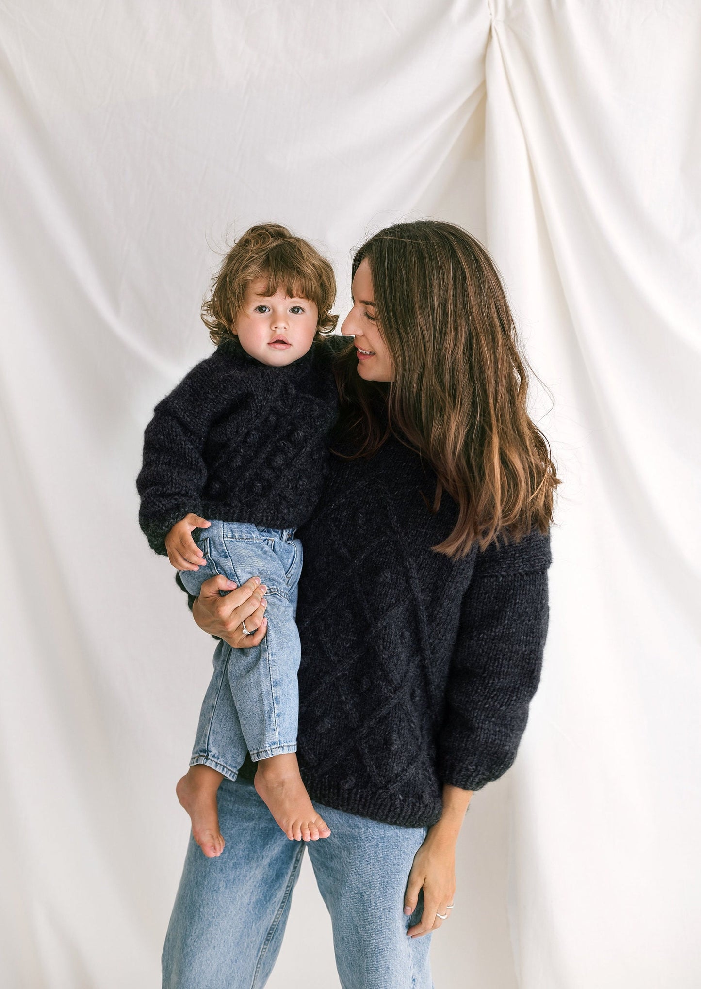 Matching Mother And Son Handmade Sweaters, Dark Gray Mommy and Me Cable Knit Jumpers, Mini Me Toddler Pullover, Alpaca Baby Boy,Girl Sweater