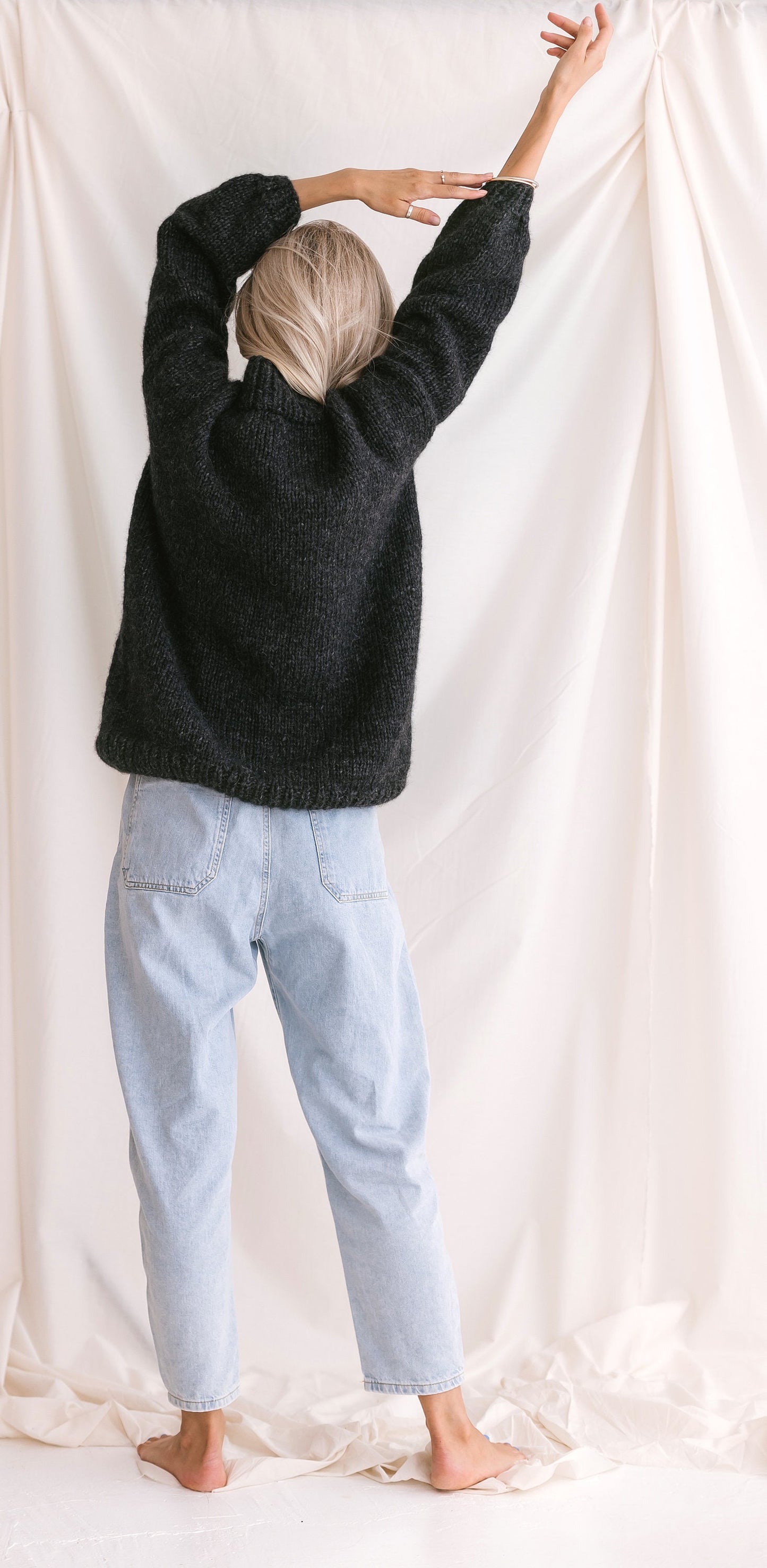 Dark Gray Sweater, Soft Cable Knit Jumper, Grey Alpaca Pullover, Chunky Knit Wool Sweater, Balloon Sleeve Pullover In Grey, Knitted Jumper