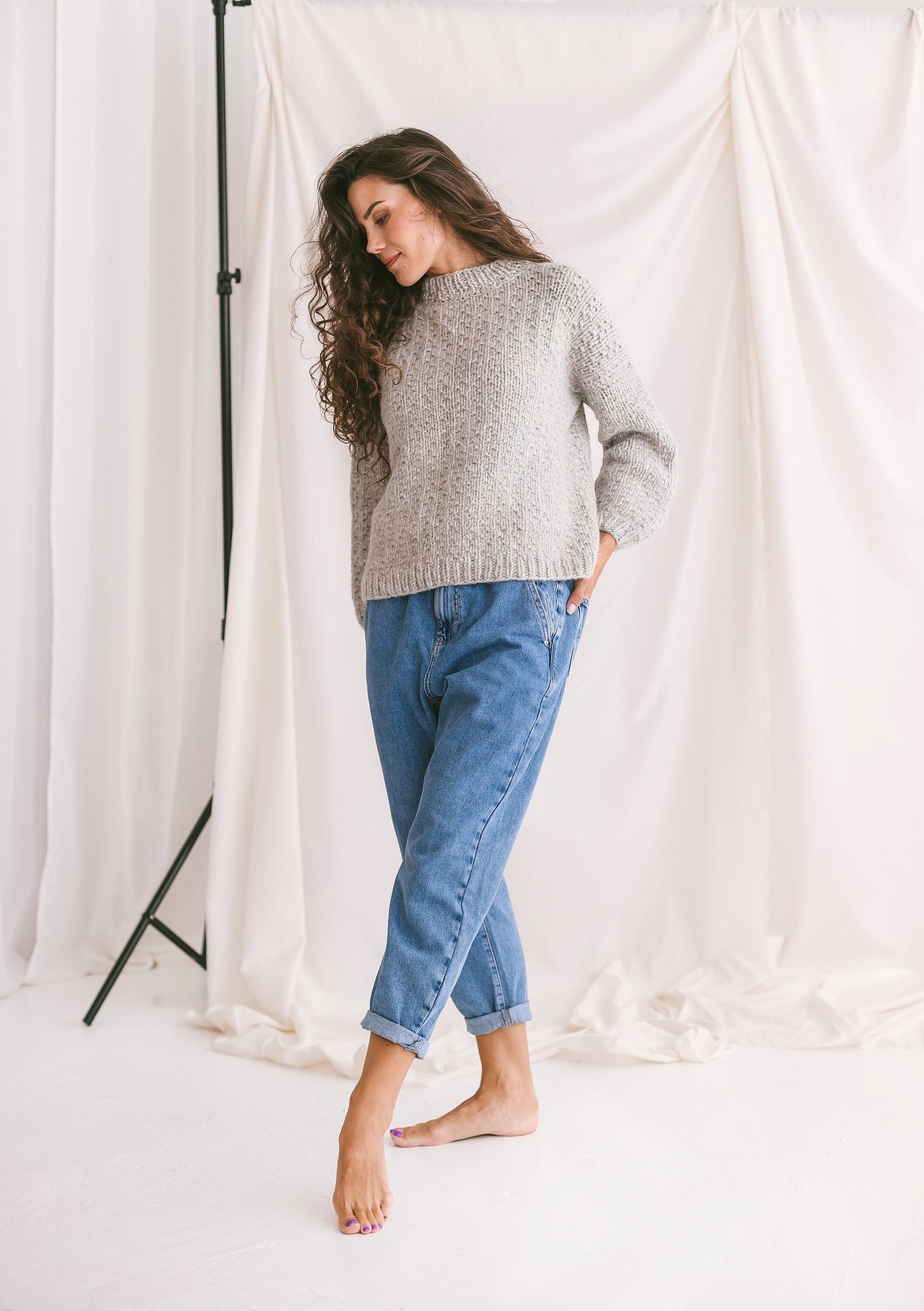 Light Gray Sweater, Soft Cable Knit Jumper, Grey Alpaca Pullover, Chunky Knit Wool Sweater, Balloon Sleeve Pullover In Grey, Knitted Jumper