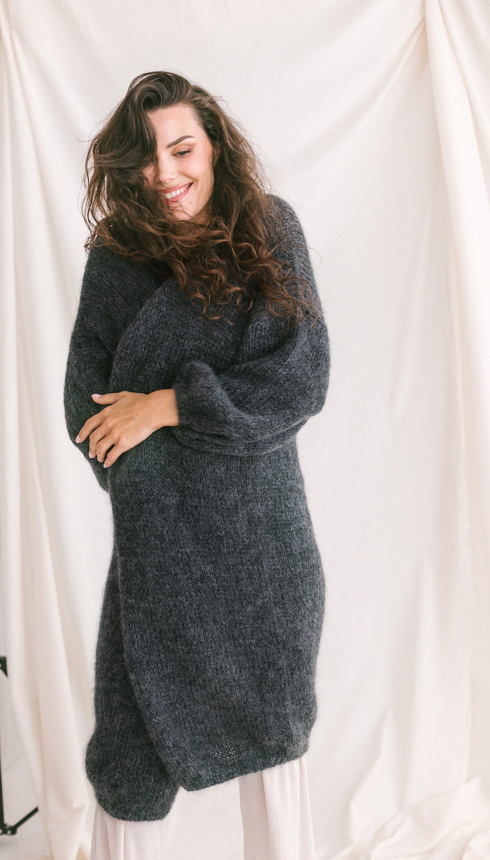 Long Dark Gray Mohair Cardigan, Chunky knit, Oversized Alpaca Wool Sweater, Fuzzy Boho Cardigan, Fluffy Grey Woman Jacket, Balloon Sleeves