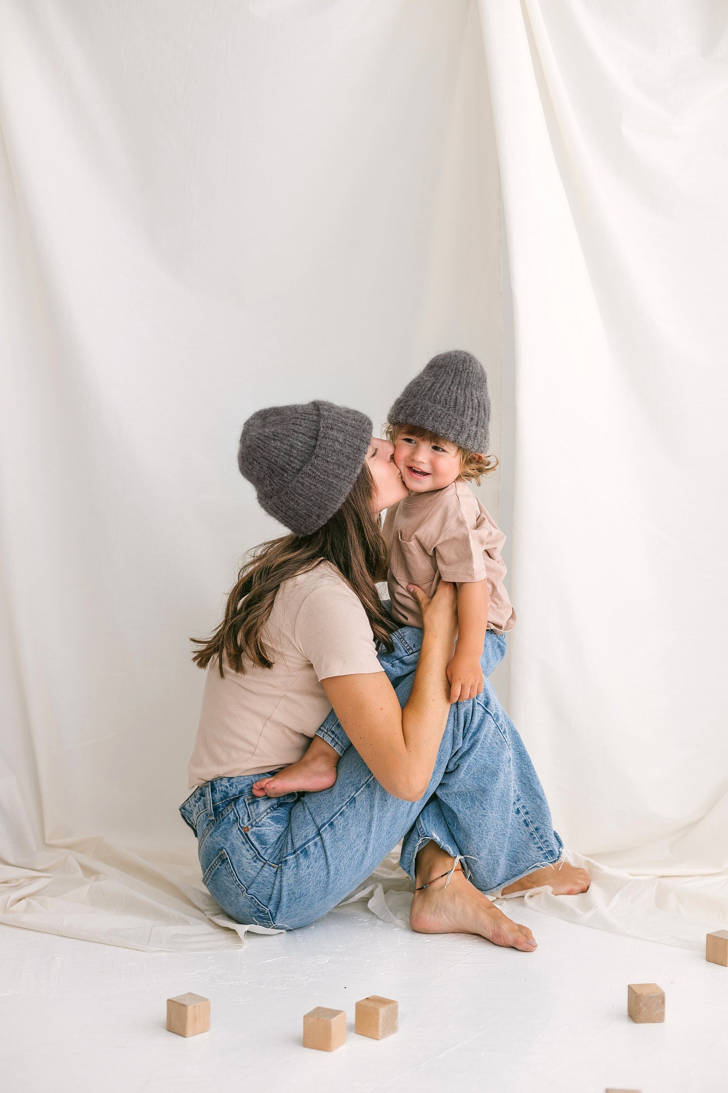 Mommy and me matching knit hats, gray mom and baby twining hats, mini me matching cable knit hats, matching mother and daughter or son hats