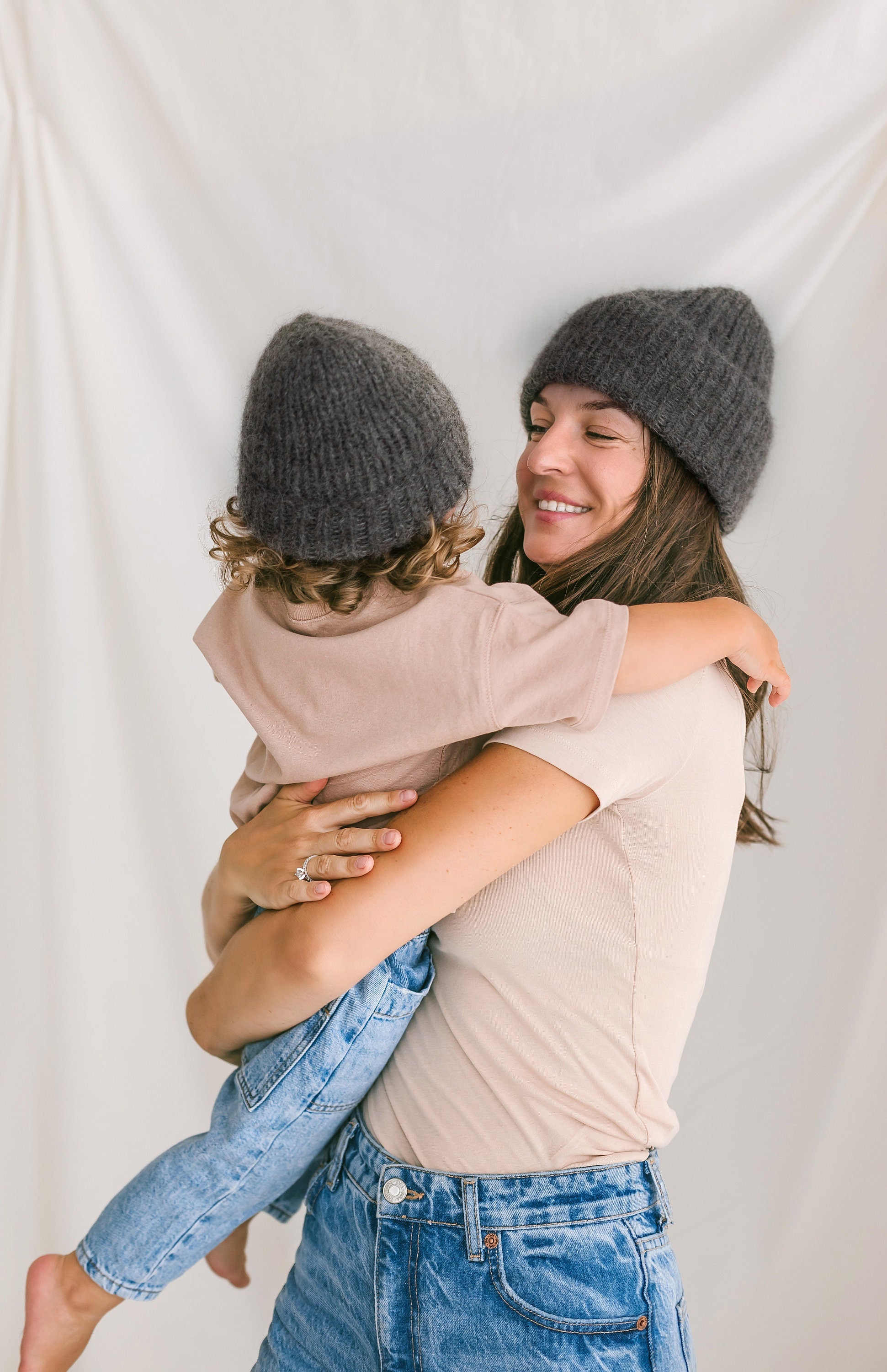 Mommy and me matching knit hats, gray mom and baby twining hats, mini me matching cable knit hats, matching mother and daughter or son hats