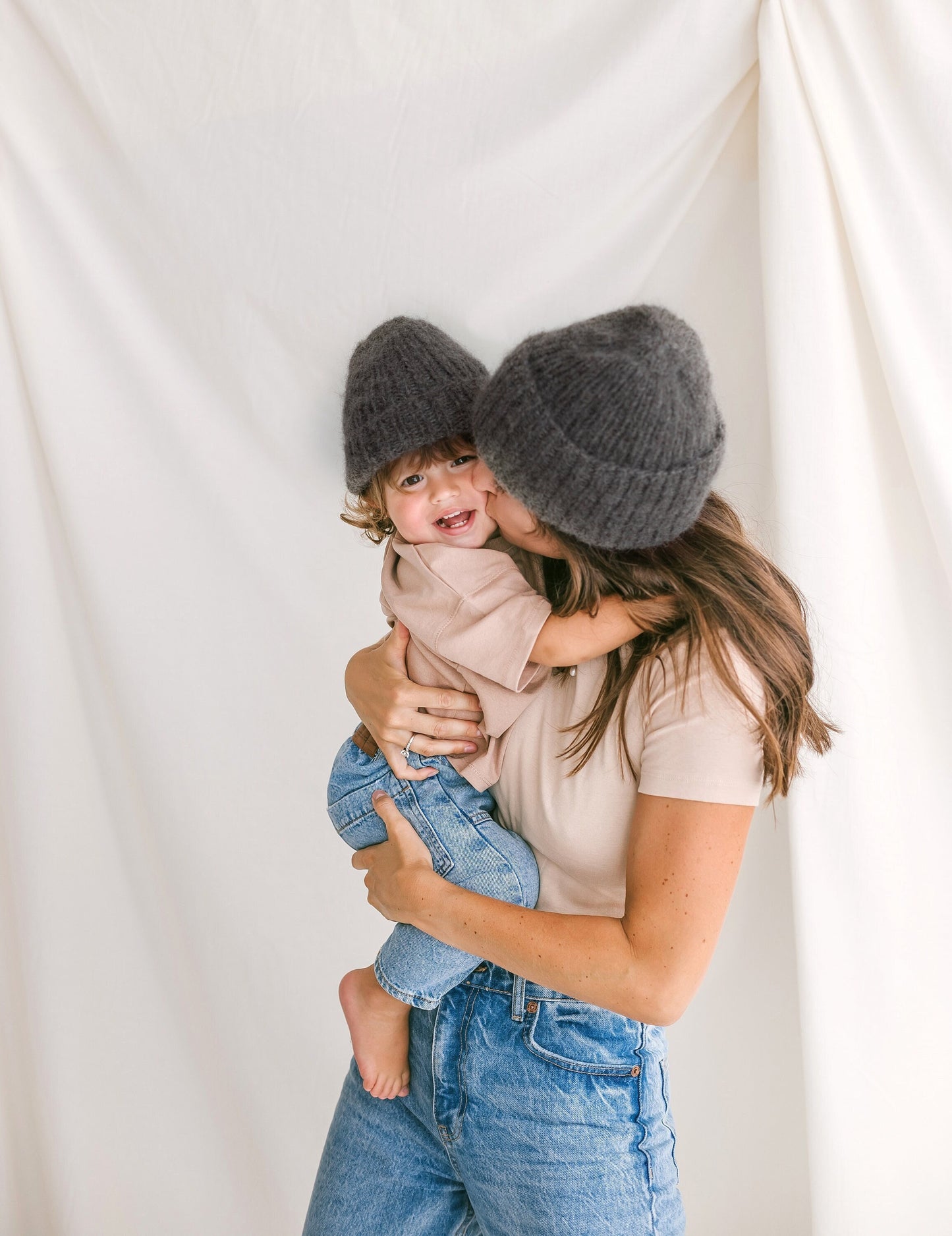 Mommy and me matching knit hats, gray mom and baby twining hats, mini me matching cable knit hats, matching mother and daughter or son hats