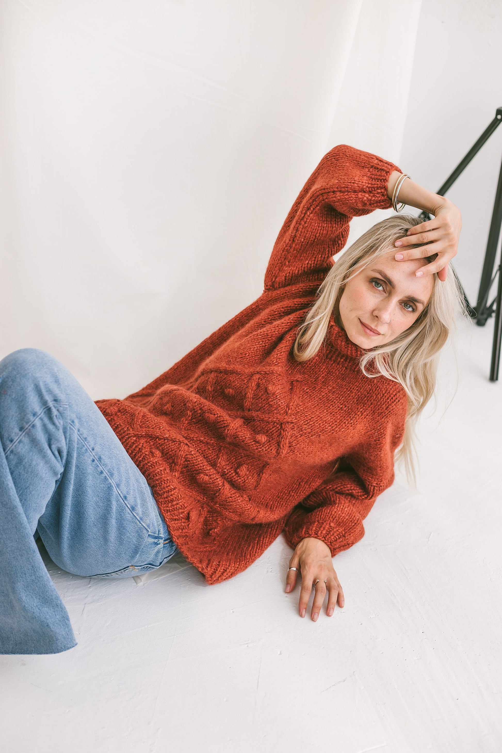 Orange Sweater, Soft Cable Knit Jumper, Tabasco Alpaca Pullover, Chunky Knit Wool Sweater, Balloon Sleeve Pullover In Red, Knitted Jumper