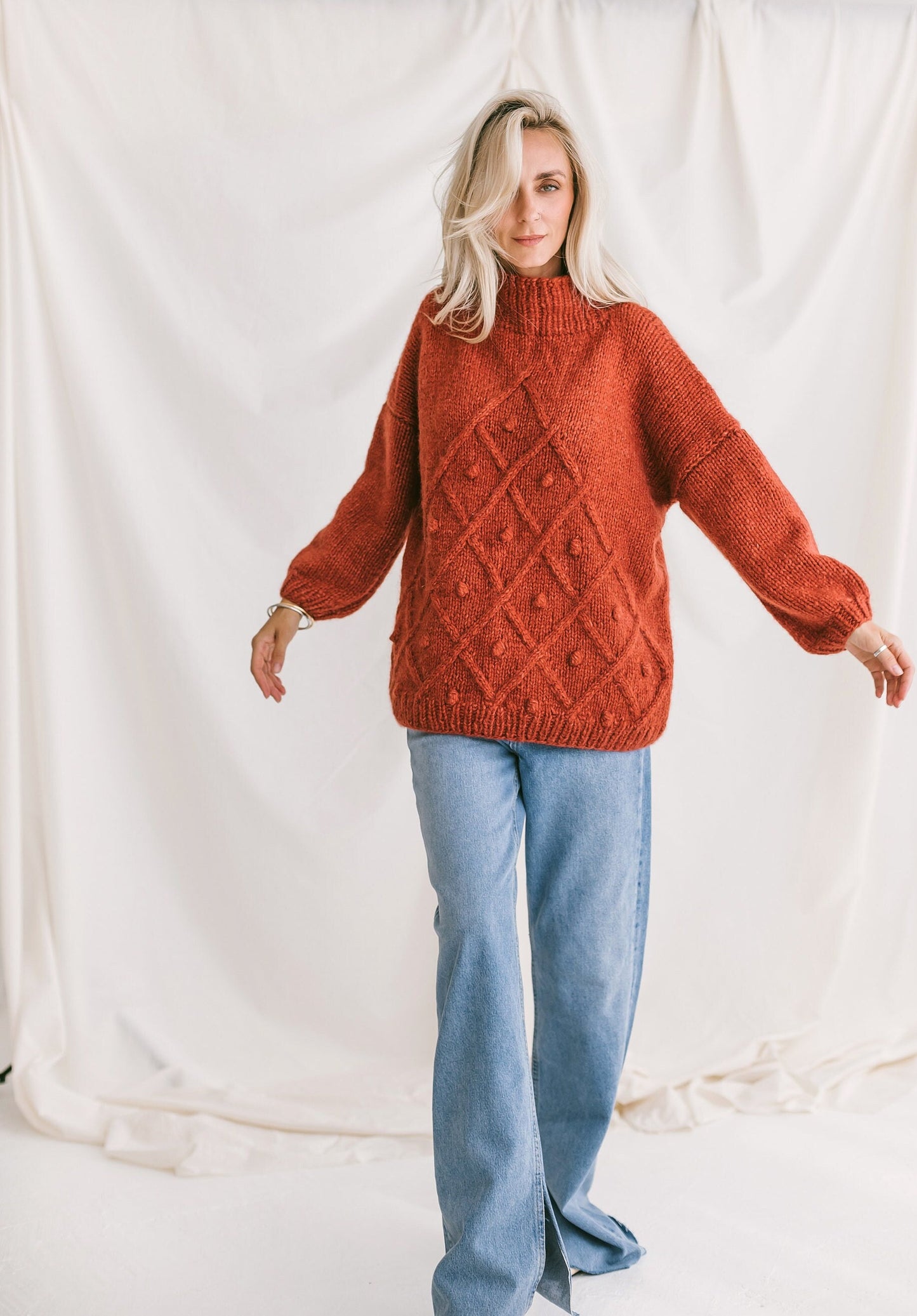 Orange Sweater, Soft Cable Knit Jumper, Tabasco Alpaca Pullover, Chunky Knit Wool Sweater, Balloon Sleeve Pullover In Red, Knitted Jumper