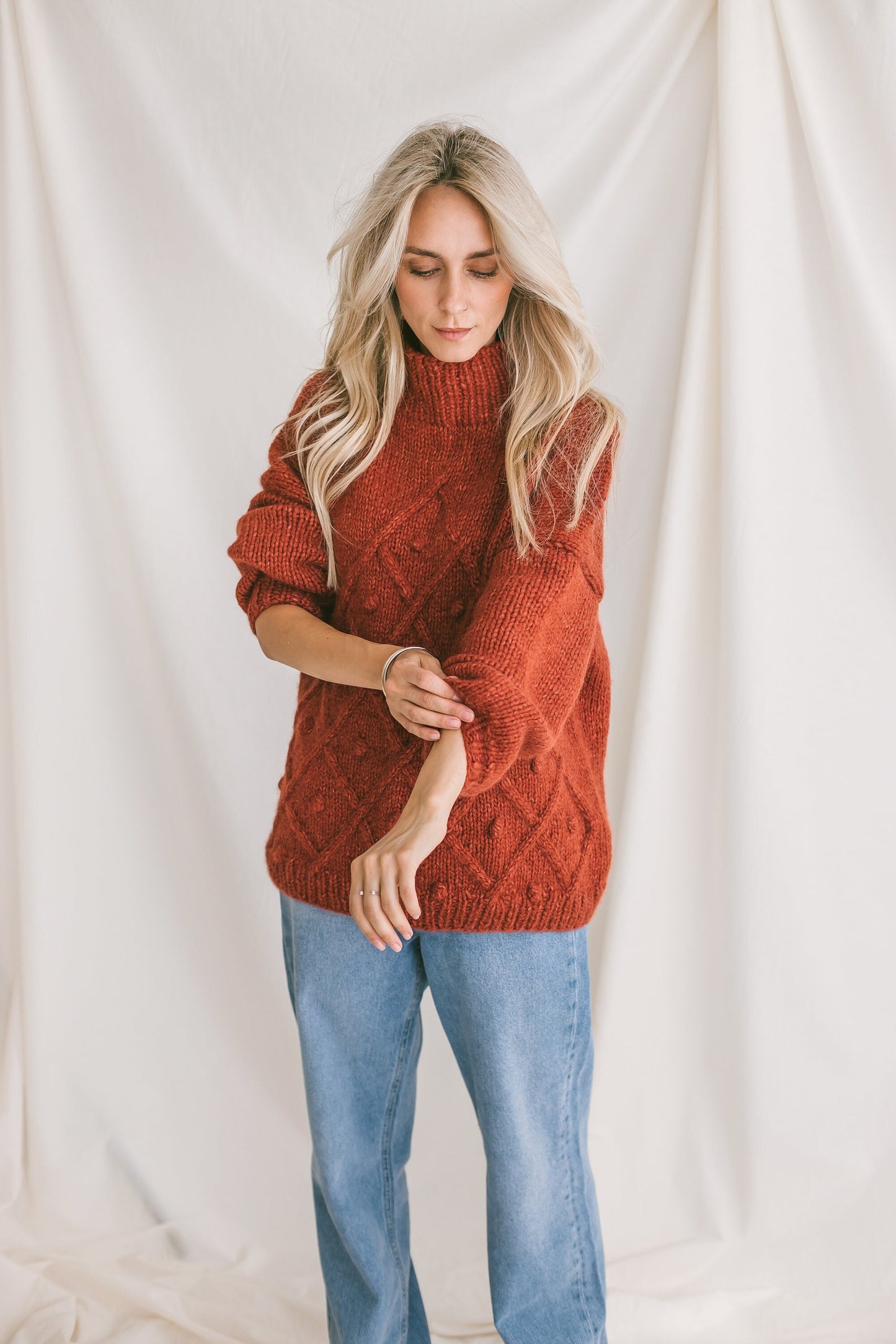 Orange Sweater, Soft Cable Knit Jumper, Tabasco Alpaca Pullover, Chunky Knit Wool Sweater, Balloon Sleeve Pullover In Red, Knitted Jumper