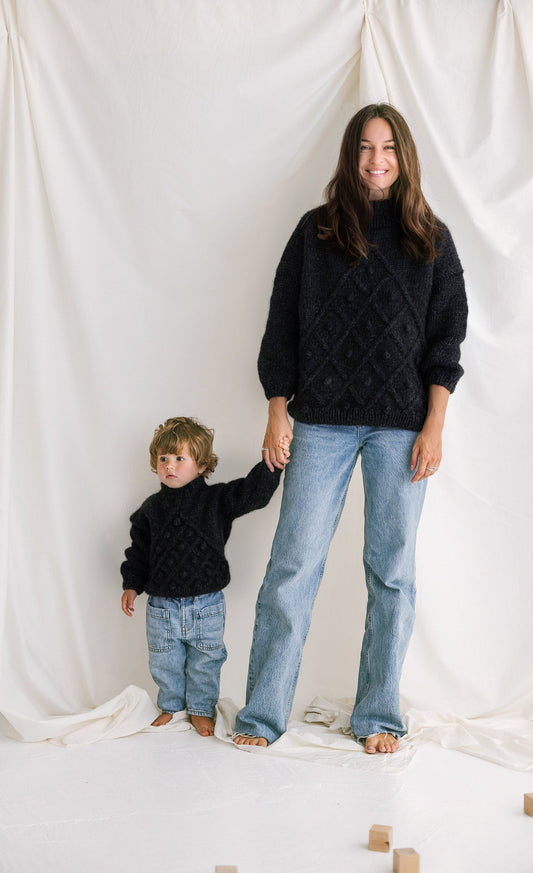 Matching Mother And Son Handmade Sweaters, Dark Gray Mommy and Me Cable Knit Jumpers, Mini Me Toddler Pullover, Alpaca Baby Boy,Girl Sweater