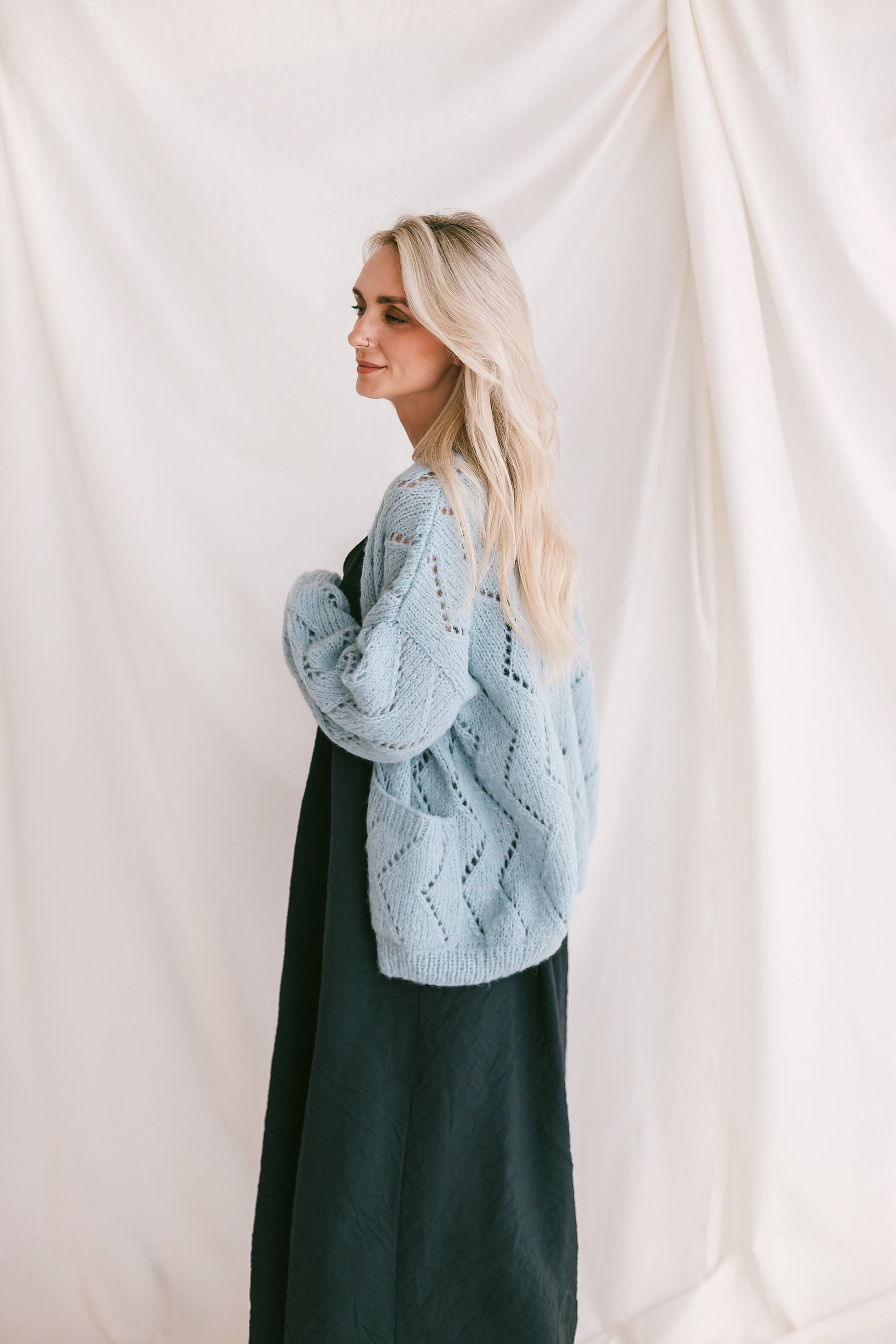 Light blue cable knit alpaca cardigan, sky blue knitted oversize sweater, balloon sleeves, pastel lightweight boho loose cardigan for women