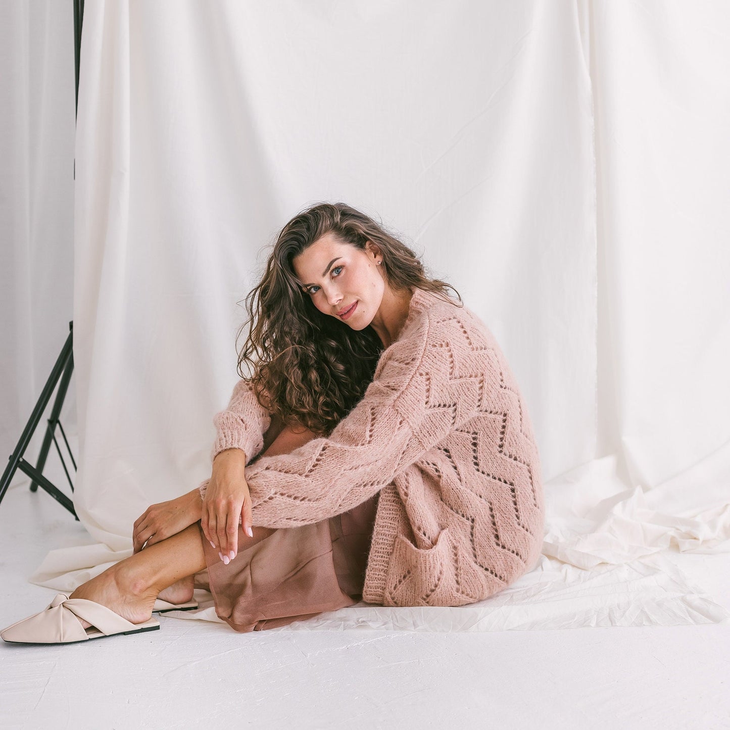 Pink cable knit alpaca cardigan with deep pockets, open front knitted oversize sweater, balloon sleeves, pastel lightweight loose cardigan