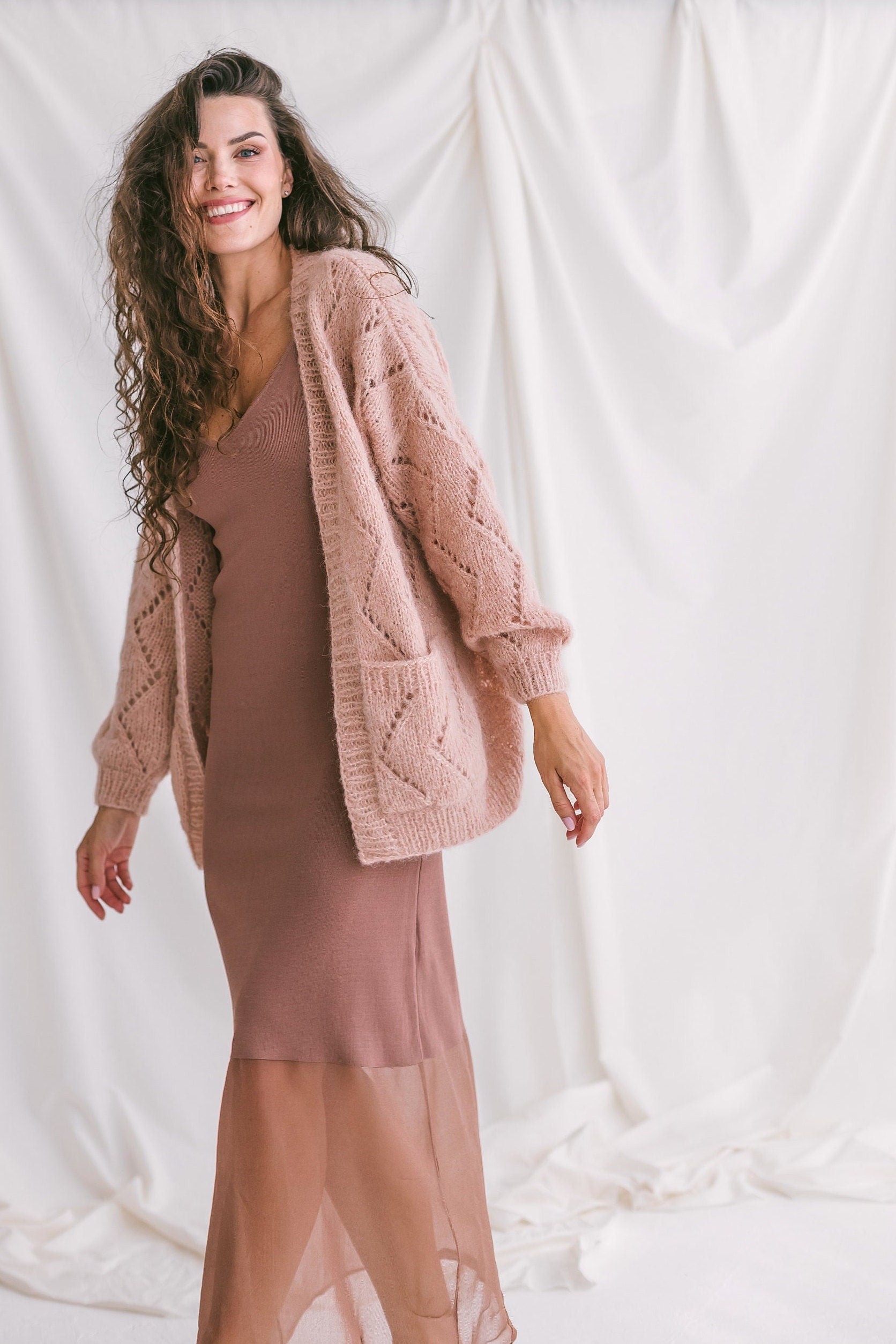Pink cable knit alpaca cardigan with deep pockets, open front knitted oversize sweater, balloon sleeves, pastel lightweight loose cardigan