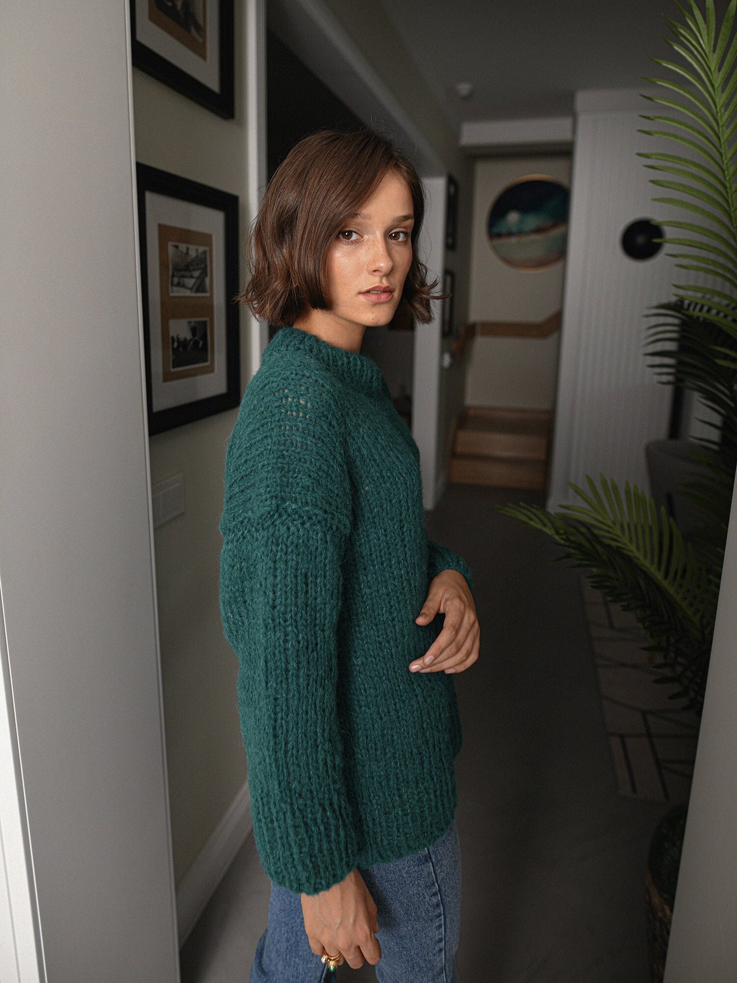 Green Cable Knit Sweater, Relaxed Fit Jumper, Forest Green Alpaca Pullover, Chunky Knit Wool Sweater, Knitted Jumper,Oversized Woman Sweater