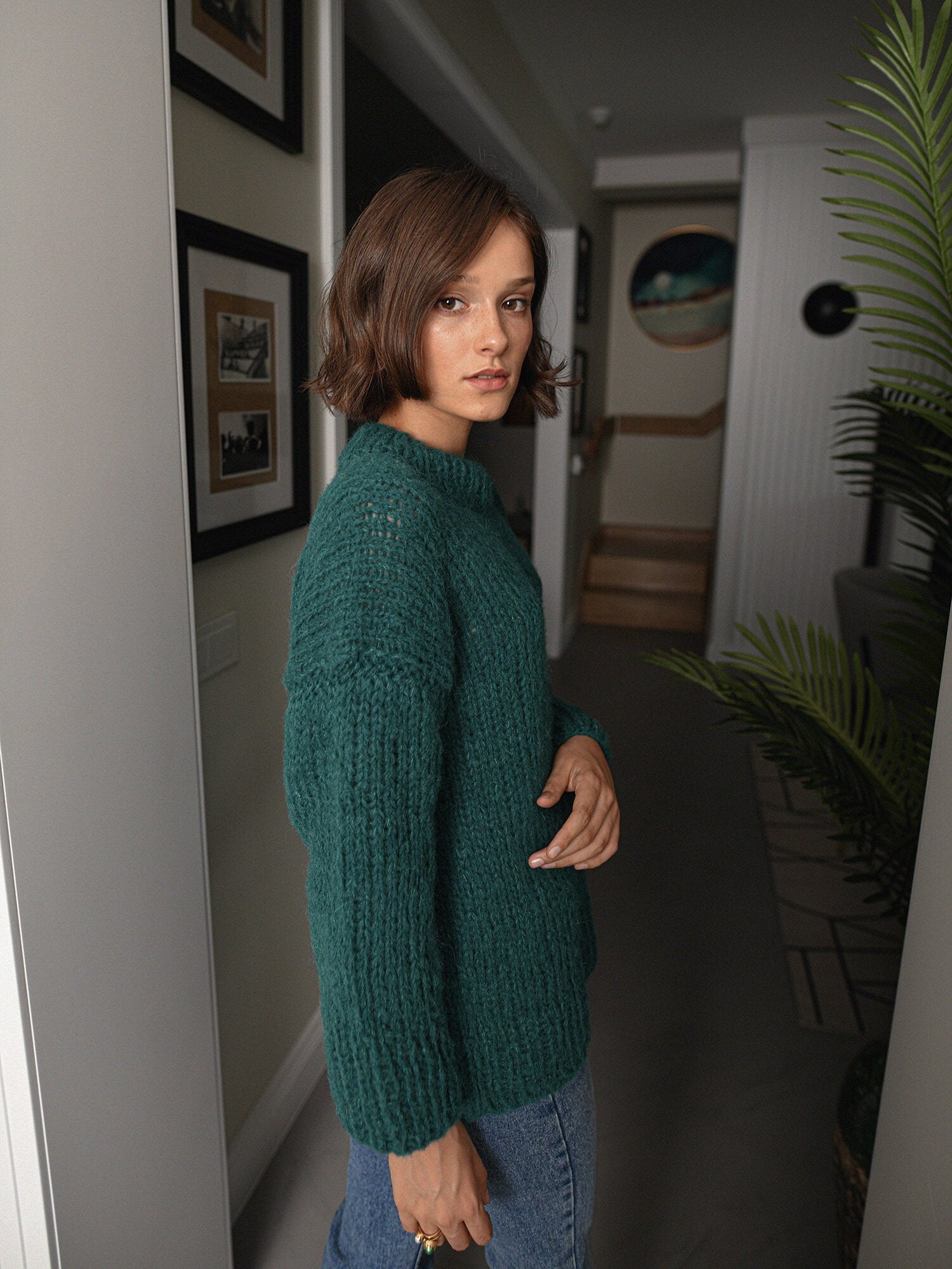 Green Cable Knit Sweater, Relaxed Fit Jumper, Forest Green Alpaca Pullover, Chunky Knit Wool Sweater, Knitted Jumper,Oversized Woman Sweater