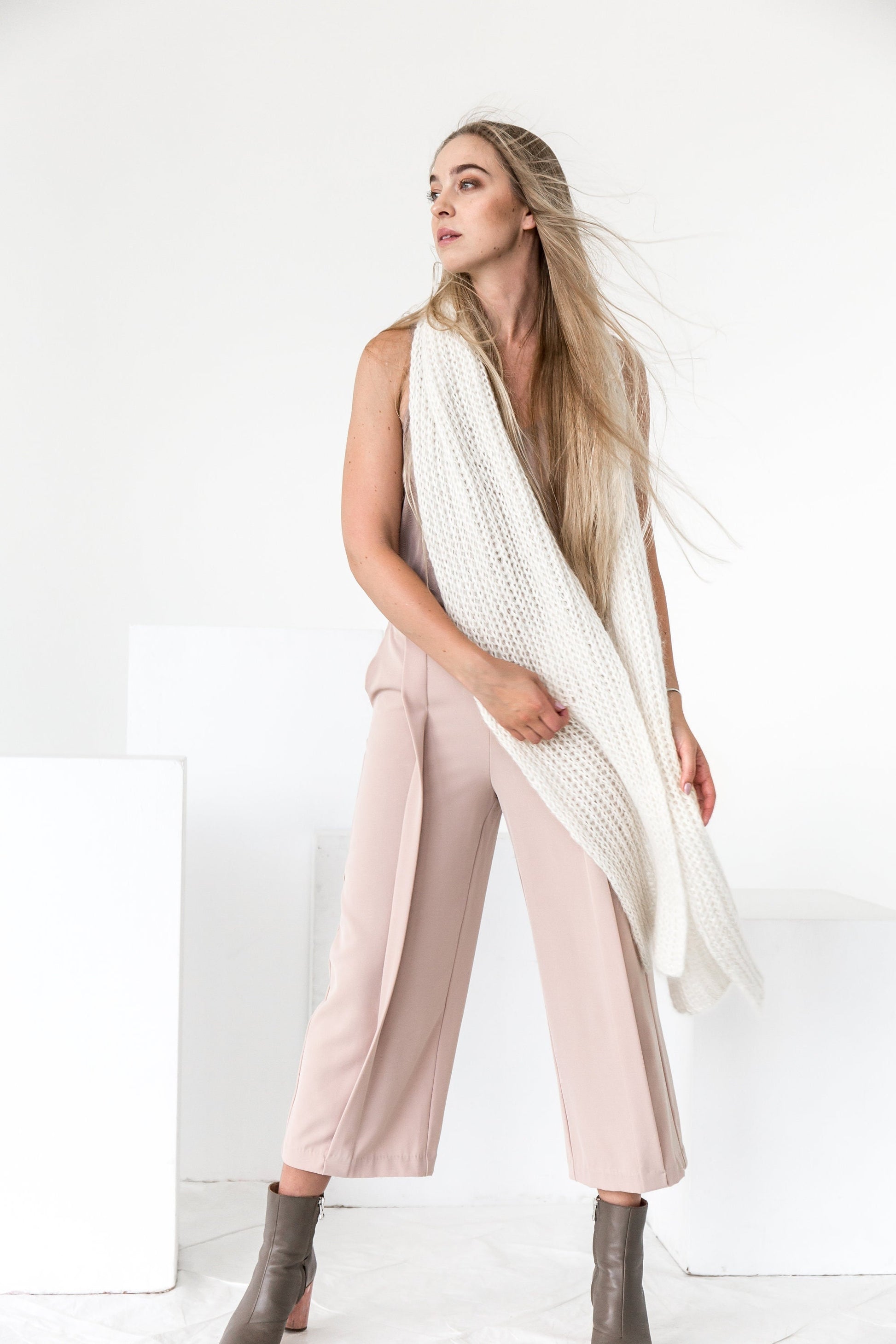 Ribbed Knit White Mohair Scarf, Long Milky Cable Knit Oversize Alpaca Wool Scarf, Women Fuzzy Knitted Shawl, Unisex Winer Wrap, Gift For Her