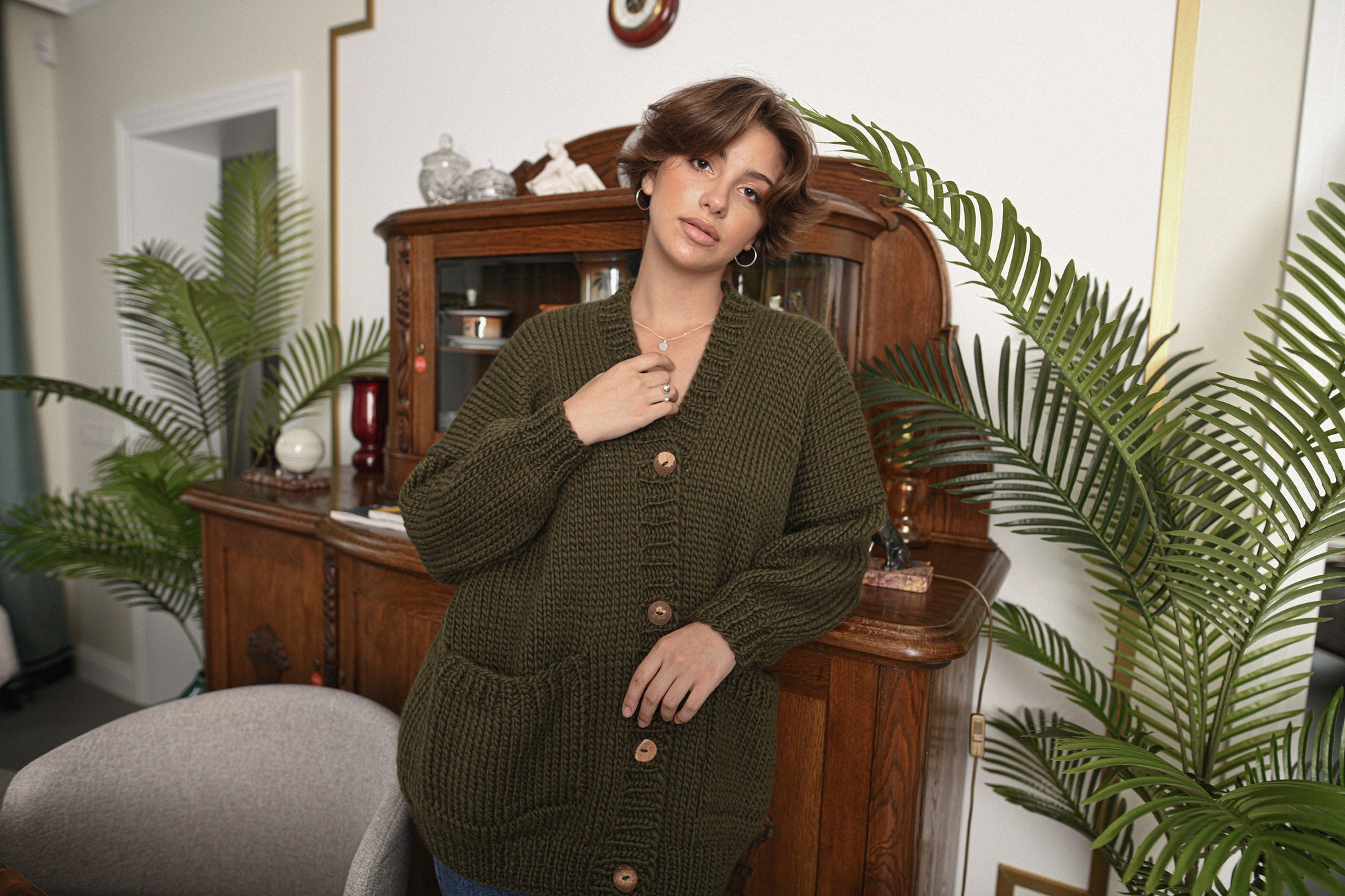 Moss Green Wool Cardigan With Buttons And Deep Pockets, Olive Green Oversized Cardigan, Chunky Cardigan, Cable Knit Cardigan For Women, Gift