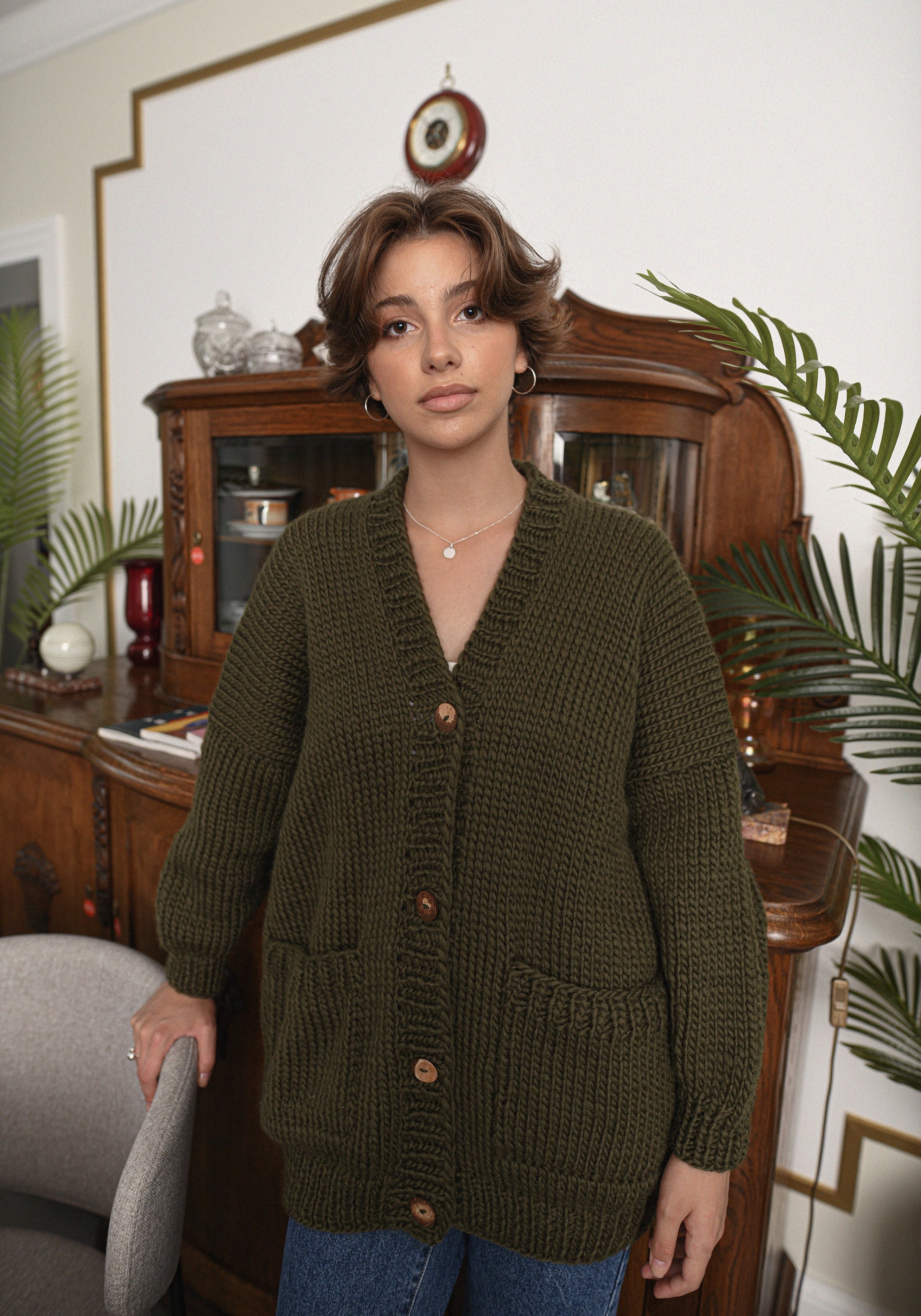 Moss Green Wool Cardigan With Buttons And Deep Pockets, Olive Green Oversized Cardigan, Chunky Cardigan, Cable Knit Cardigan For Women, Gift