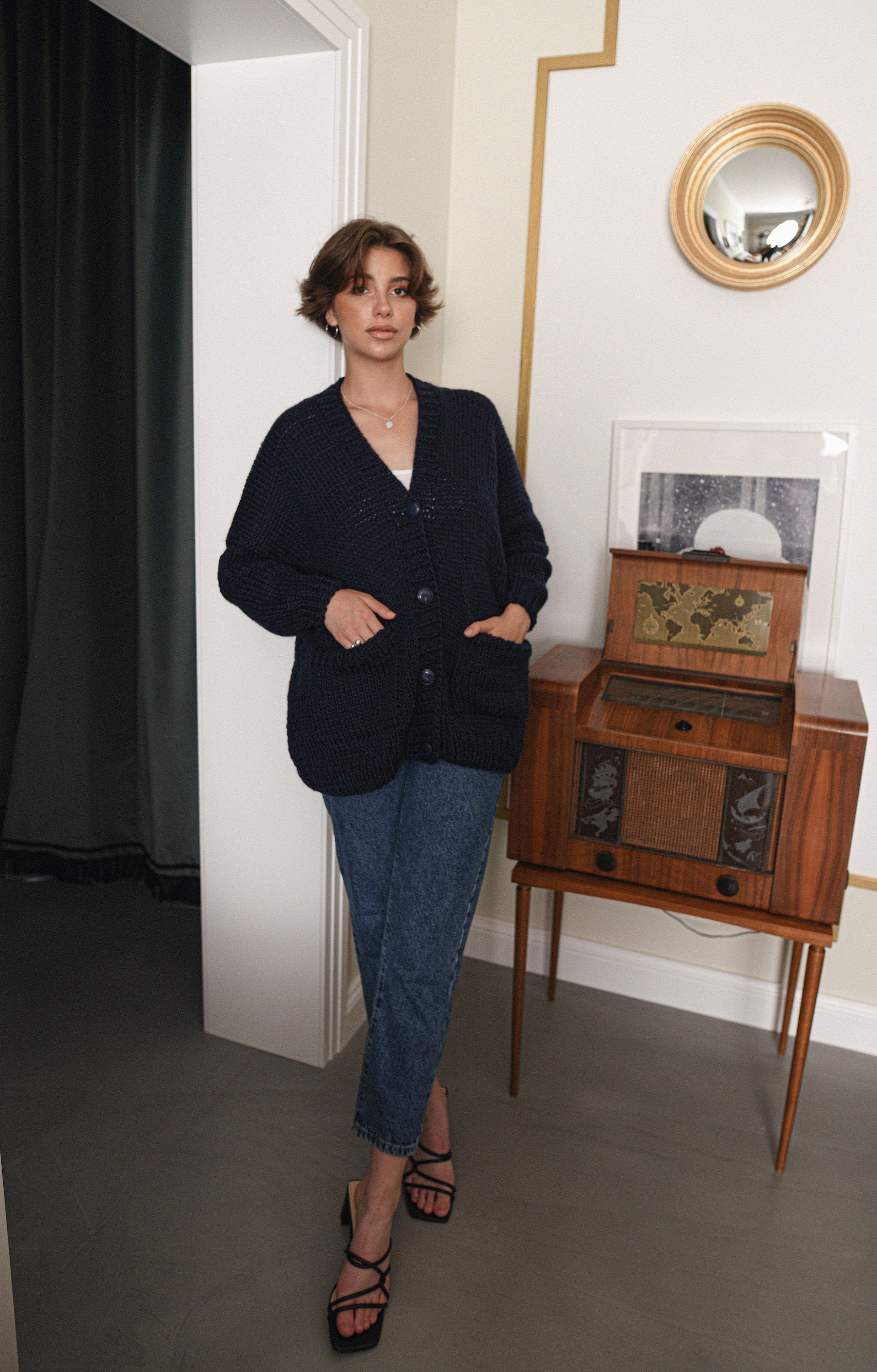 Navy Blue Wool Cardigan With Buttons And Deep Pockets, Chunky Knit Oversized Cardigan, Loose Wool Sweater, Cable Knit Cardigan For Women
