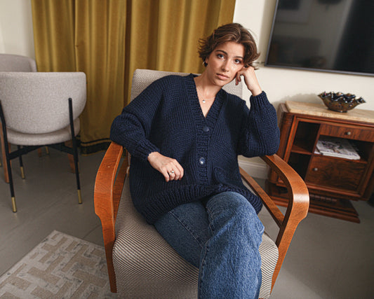 Navy Blue Wool Cardigan With Buttons And Deep Pockets, Chunky Knit Oversized Cardigan, Loose Wool Sweater, Cable Knit Cardigan For Women