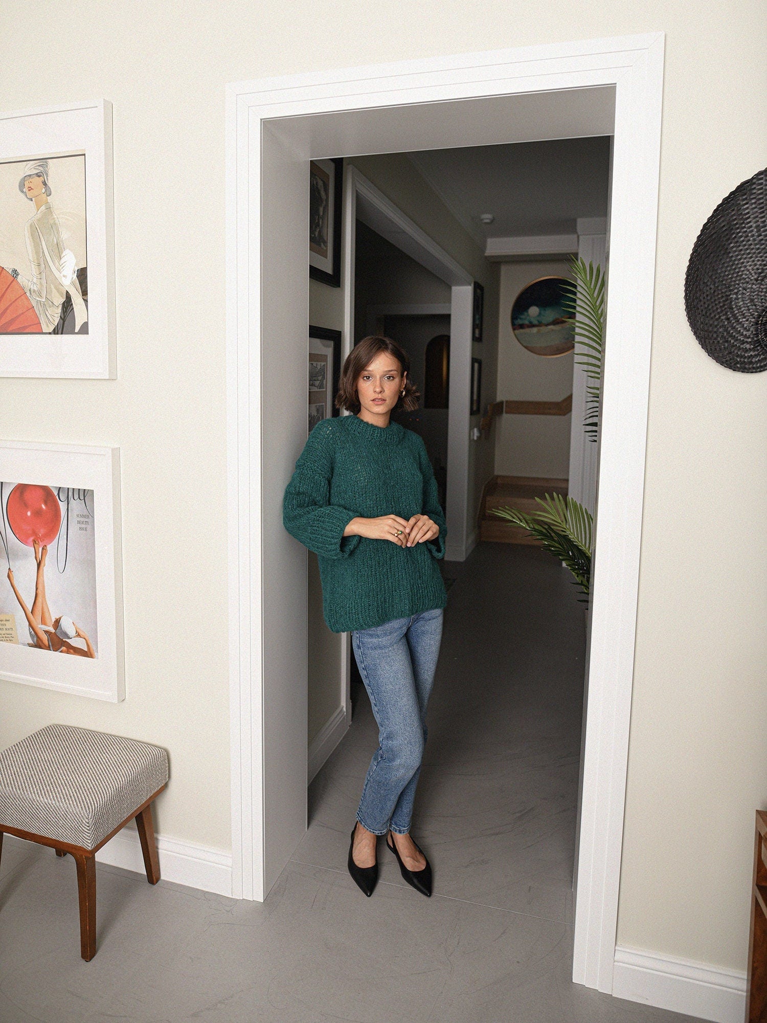 Green Cable Knit Sweater, Relaxed Fit Jumper, Forest Green Alpaca Pullover, Chunky Knit Wool Sweater, Knitted Jumper,Oversized Woman Sweater