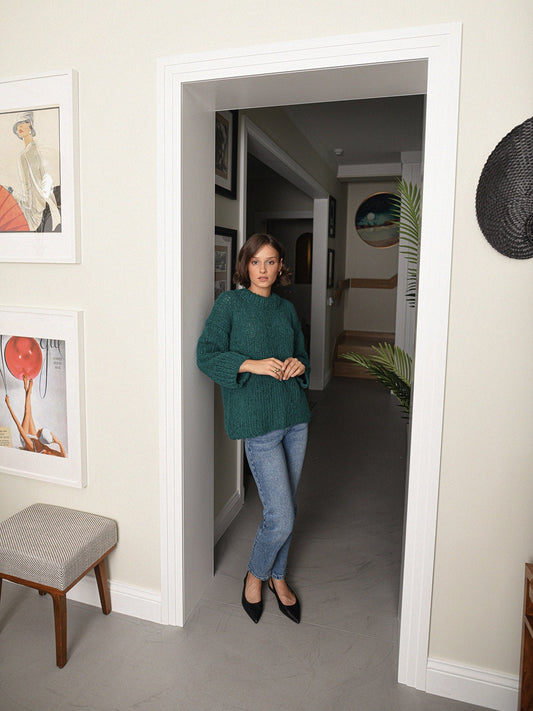 Green Cable Knit Sweater, Relaxed Fit Jumper, Forest Green Alpaca Pullover, Chunky Knit Wool Sweater, Knitted Jumper,Oversized Woman Sweater