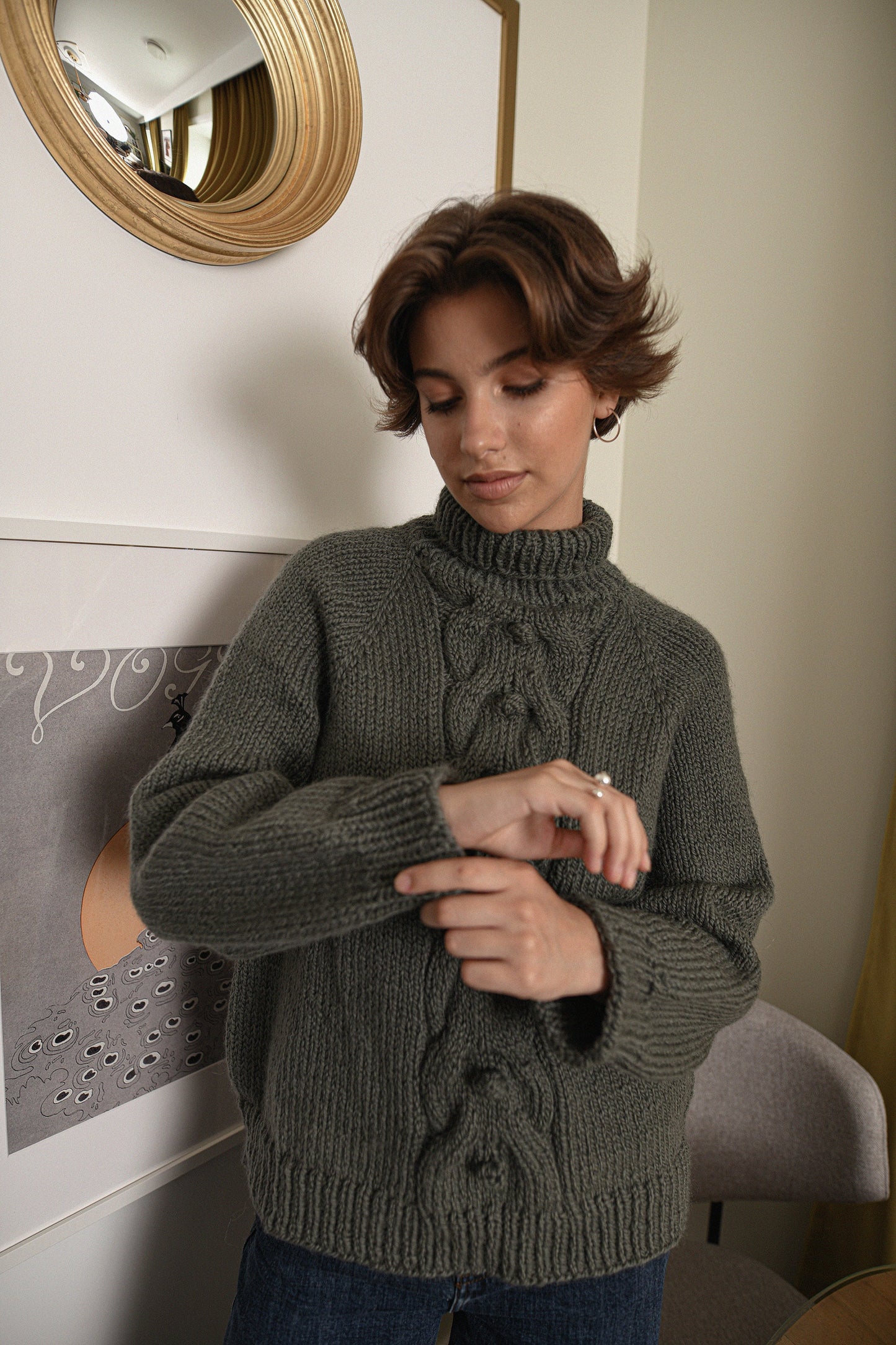 Moss Green Relaxed Fit Alpaca Sweater, Chunky Turtleneck Olive Green Wool Sweater, Cable Knit Women Pullover, Knitted Jumper With High Neck