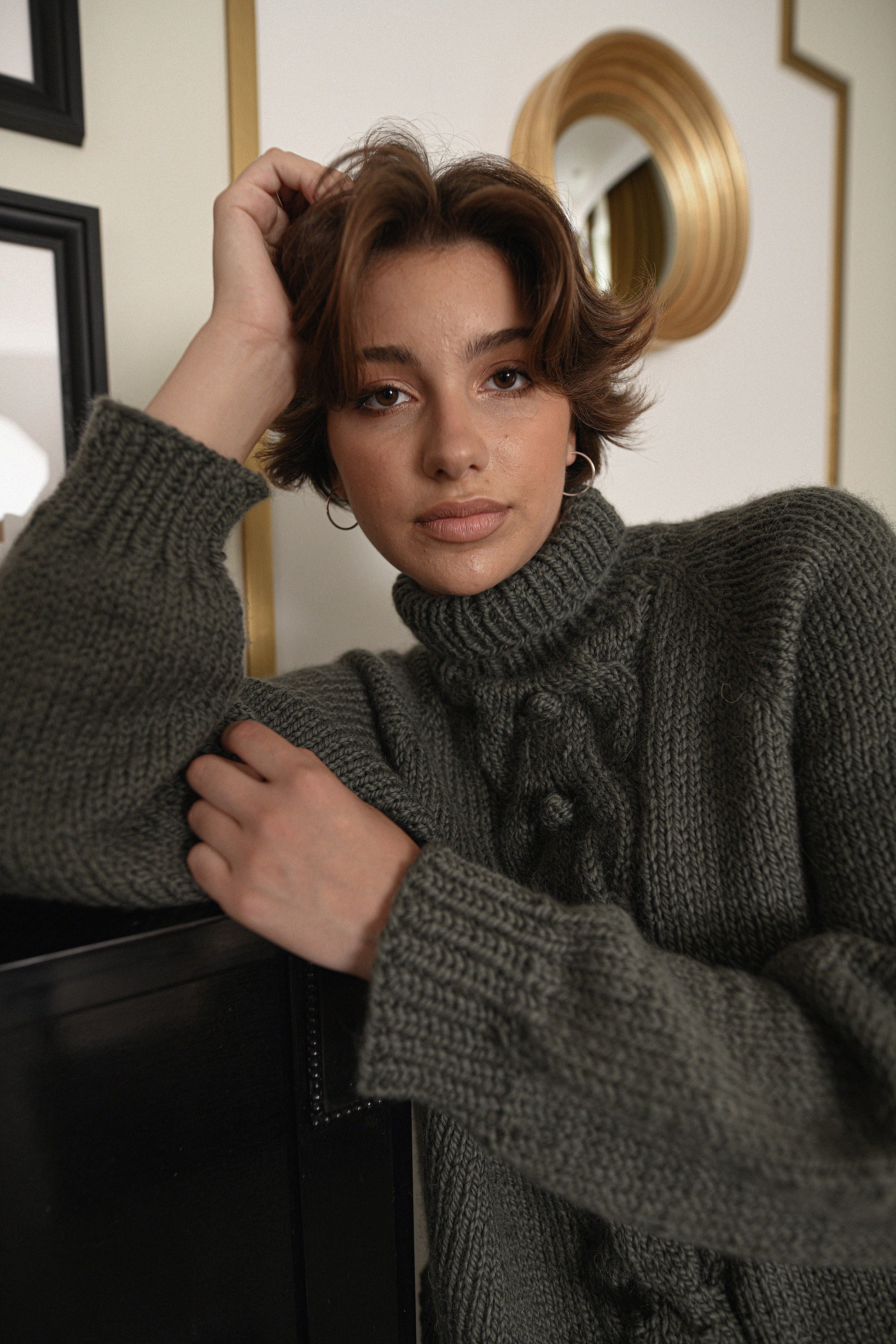 Moss Green Relaxed Fit Alpaca Sweater, Chunky Turtleneck Olive Green Wool Sweater, Cable Knit Women Pullover, Knitted Jumper With High Neck