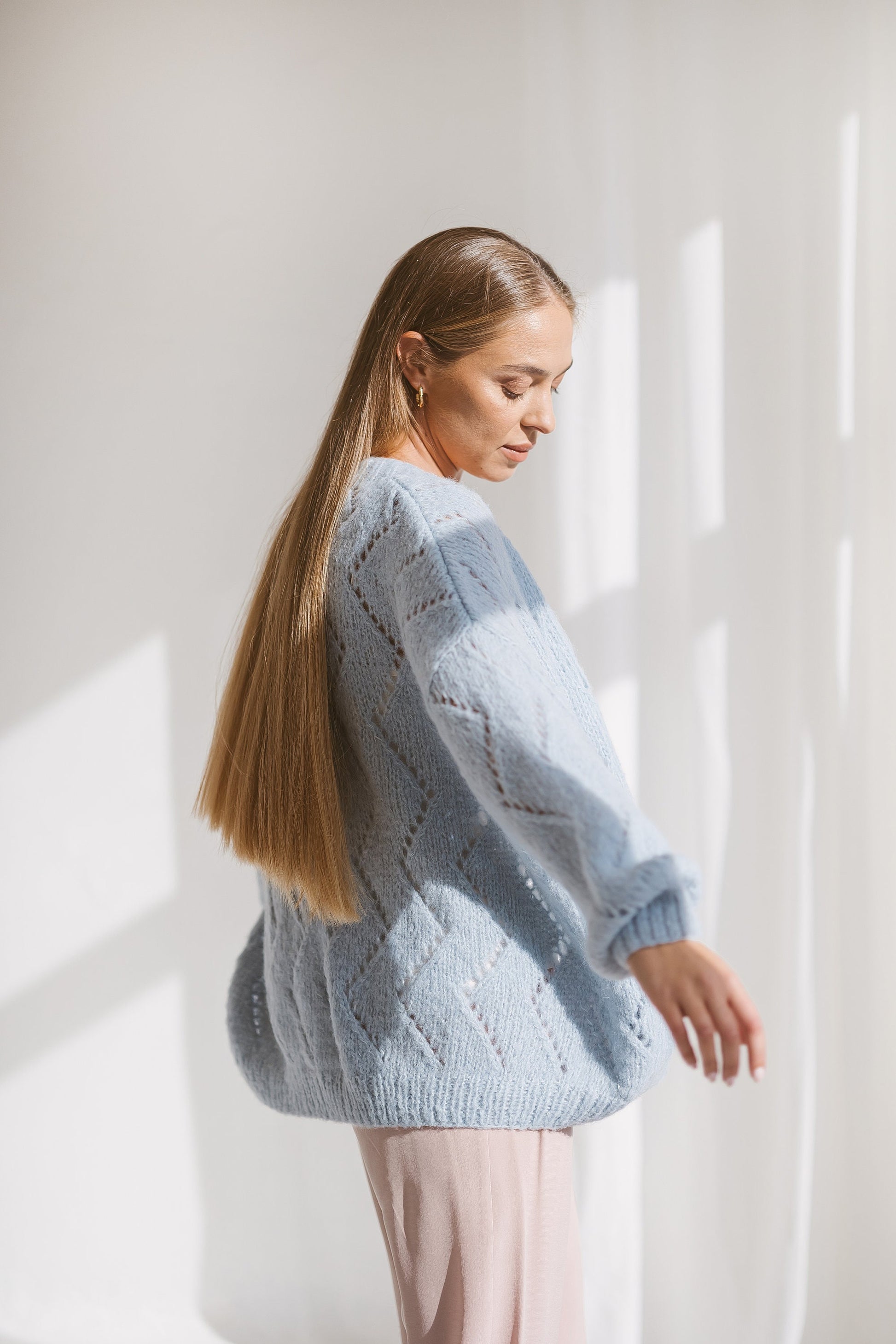 Light blue cable knit alpaca cardigan, sky blue knitted oversize sweater, balloon sleeves, pastel lightweight boho loose cardigan for women